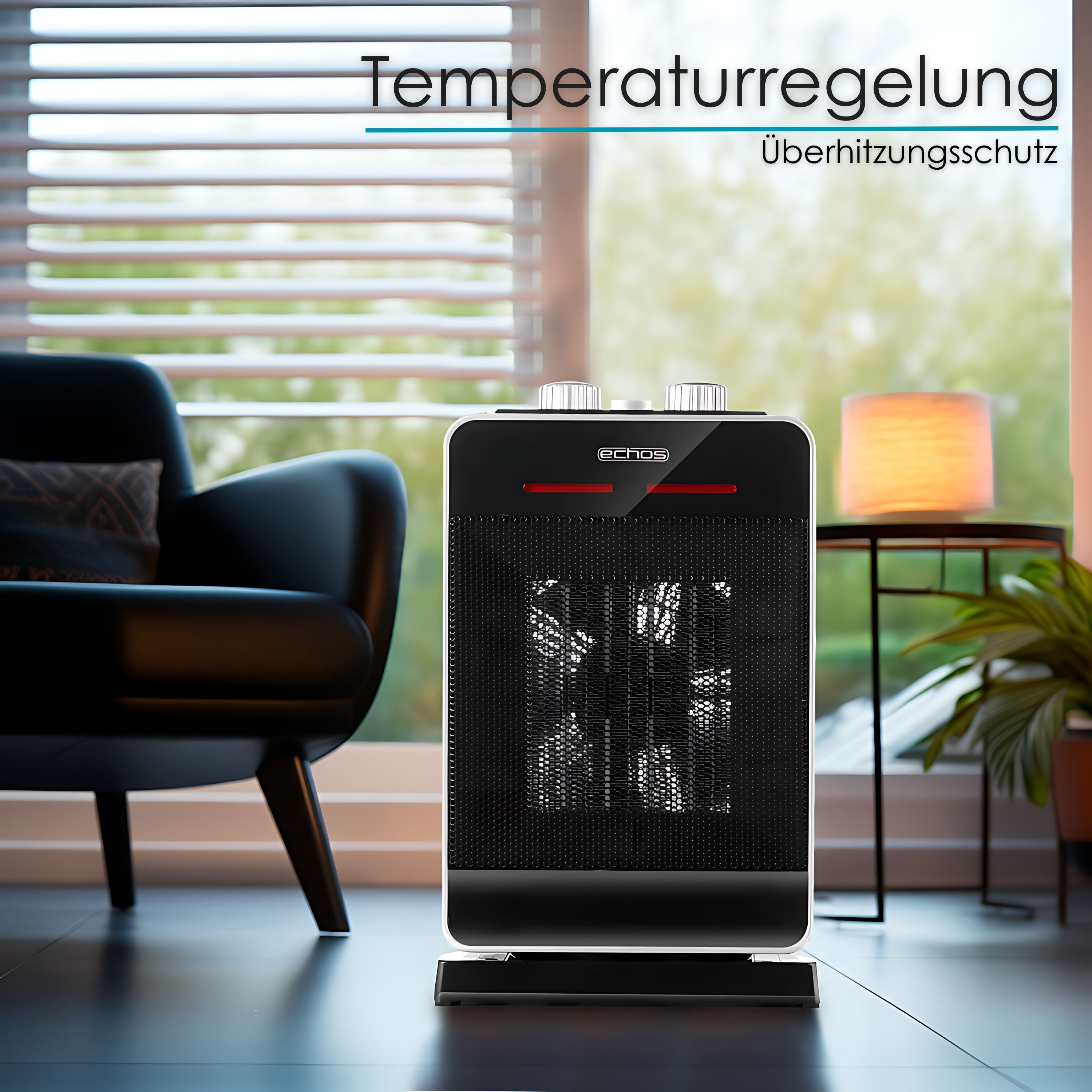 Ein schwarz-weißer Heizlüfter vor einem Fenster. Text oben sagt Temperaturregelung.