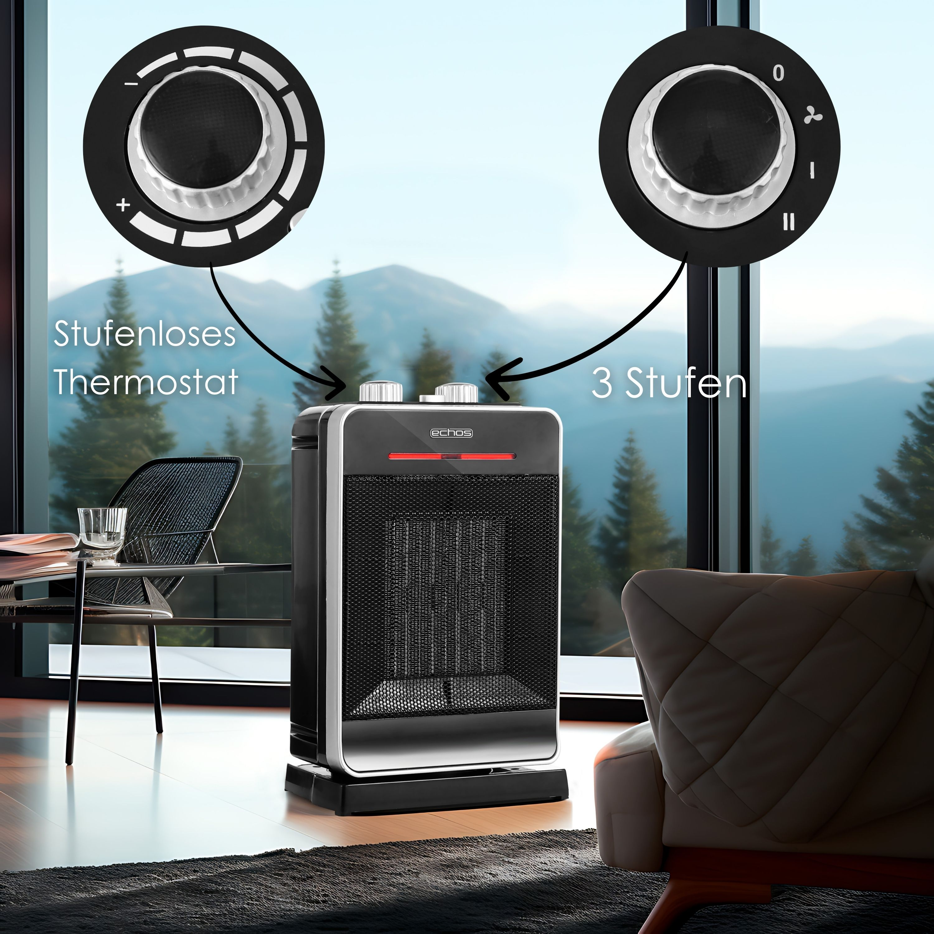 Schwarz-silberner elektrischer Heizlüfter, Bedienelemente oben, vor Fenster mit Landschaft.