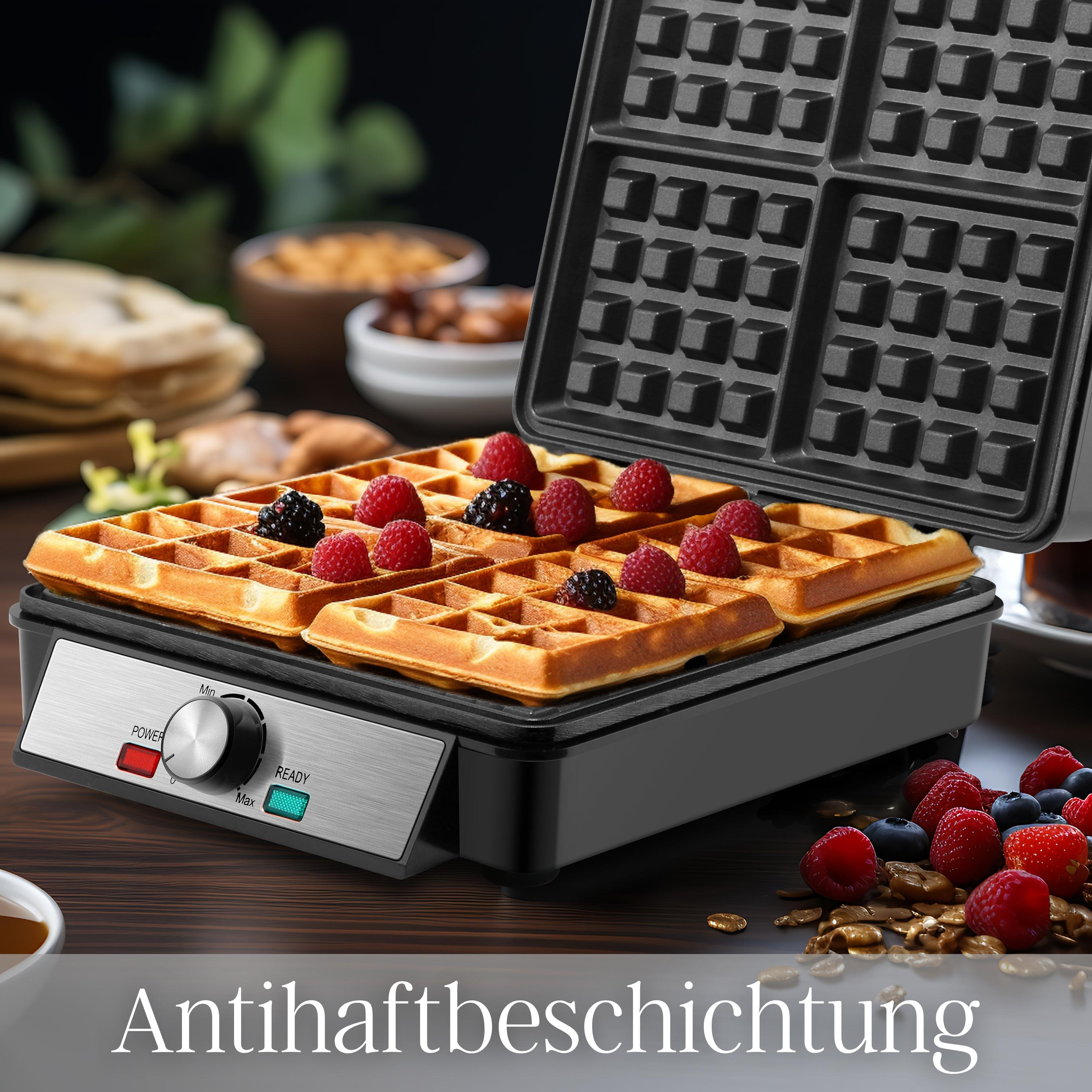 Waffeleisen mit Waffeln und Beeren. Text: Antihaftbeschichtung.