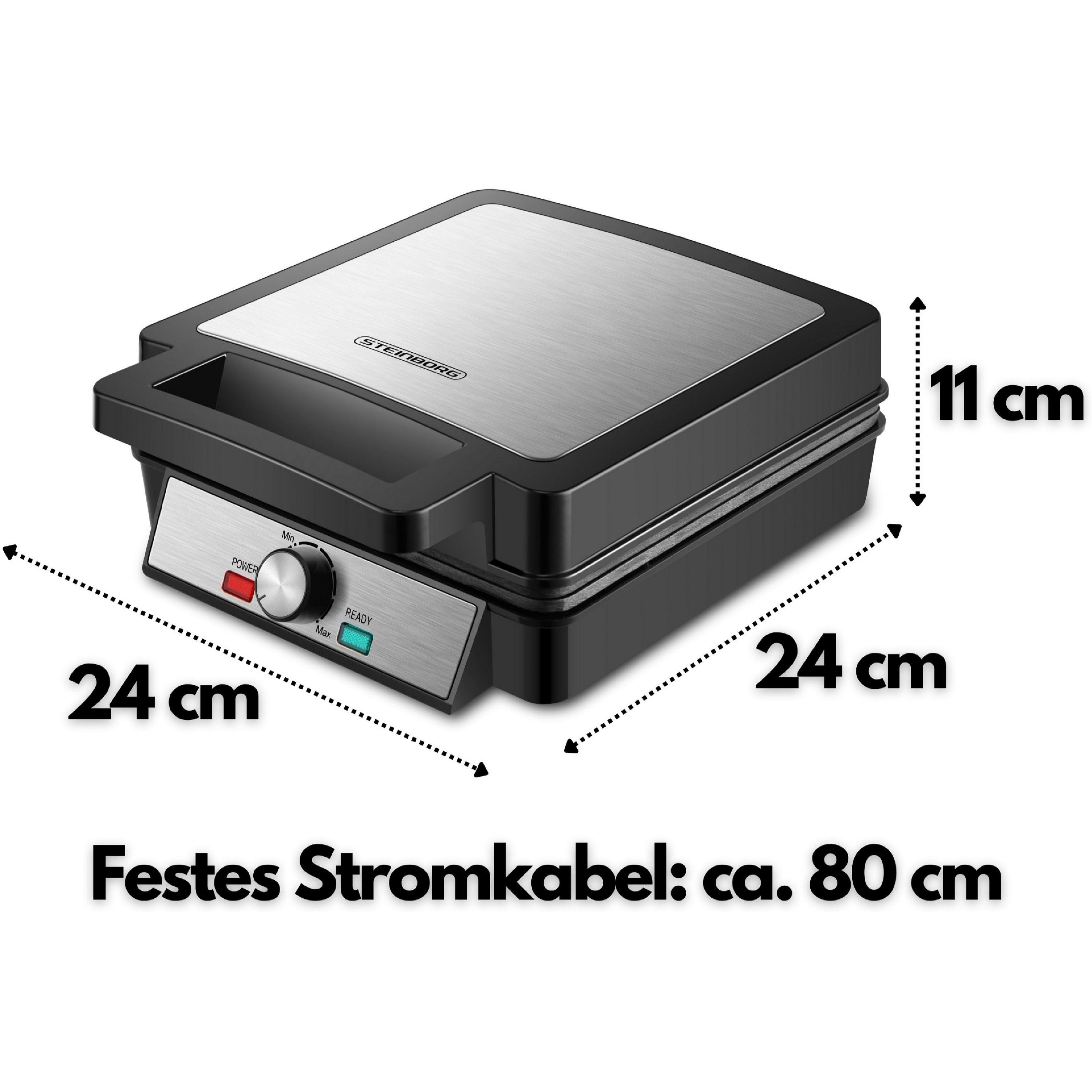Ein schwarzer und silberner Waffeleisen mit Abmessungen. Schwarzer Griff und Bedienelemente.