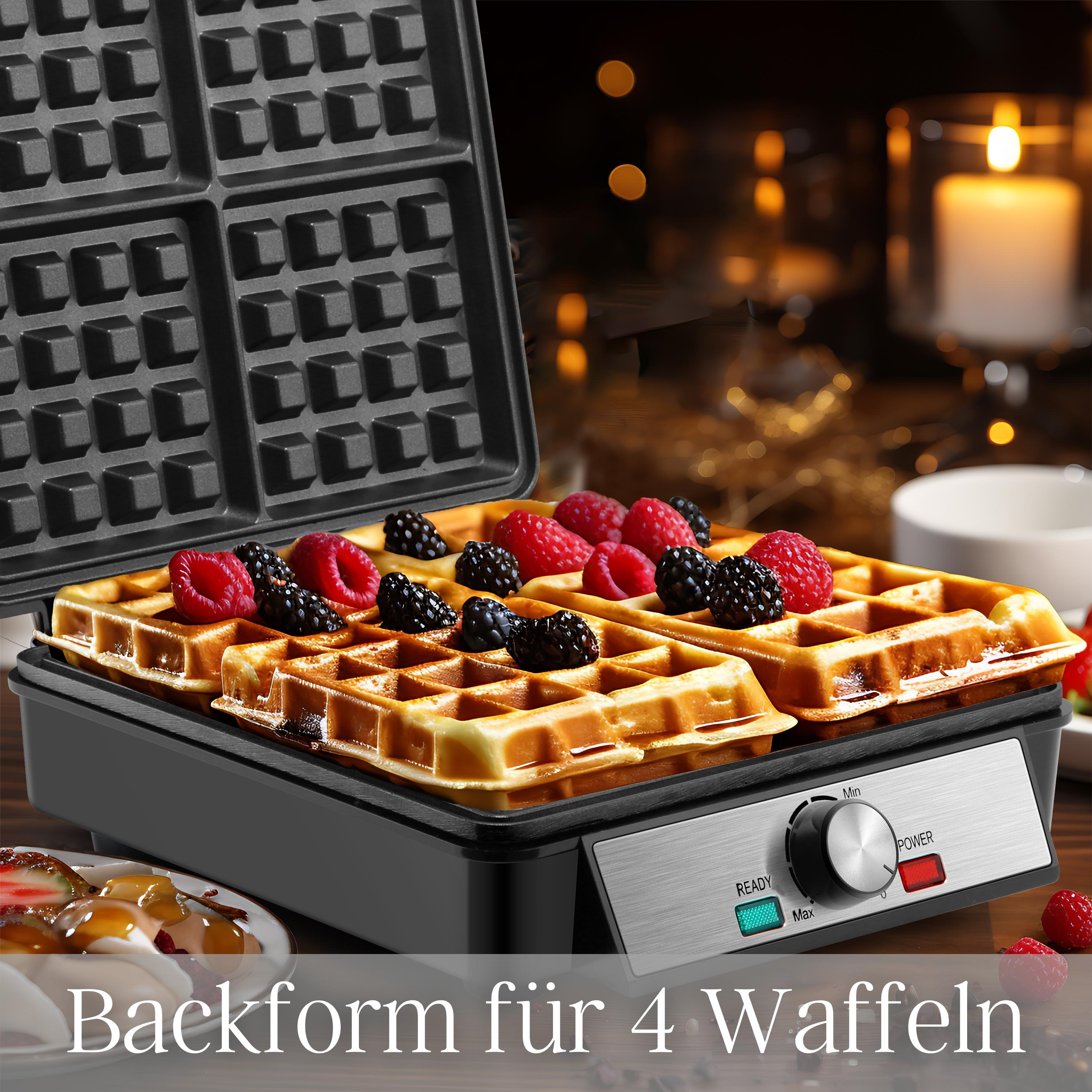 Waffeleisen mit Waffeln und Beeren, Bedienfeld und Etikett.