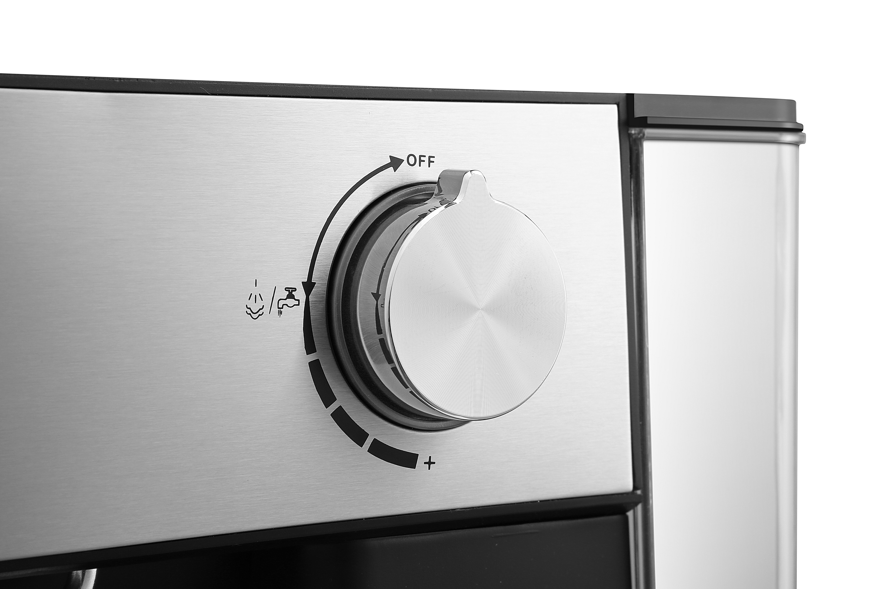 Nahaufnahme eines Kaffeeautomaten-Drehreglers. Mit 'Aus' und Dampf-/Wasser-Symbolen.