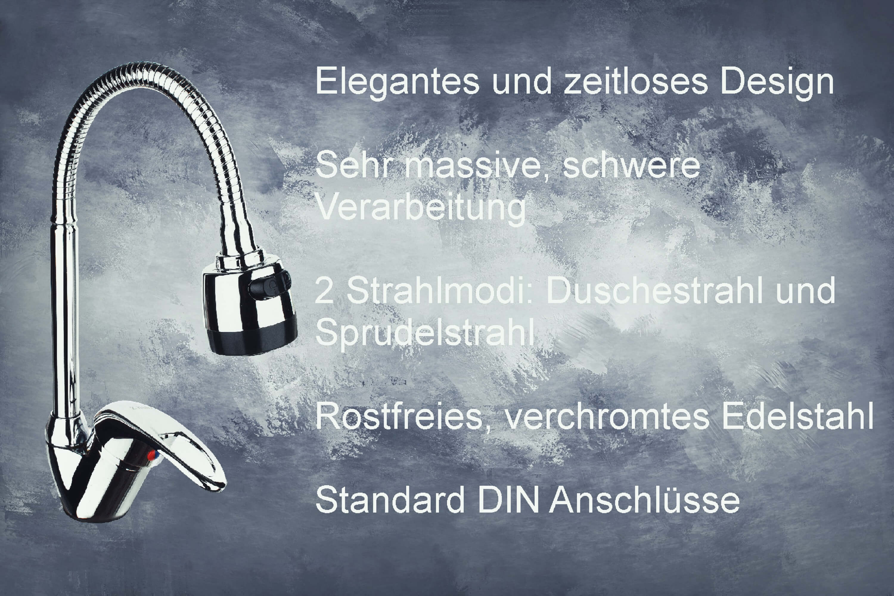 Chrom-Wasserhahn mit flexiblem Hals. Text-Overlay zeigt Merkmale und Design.