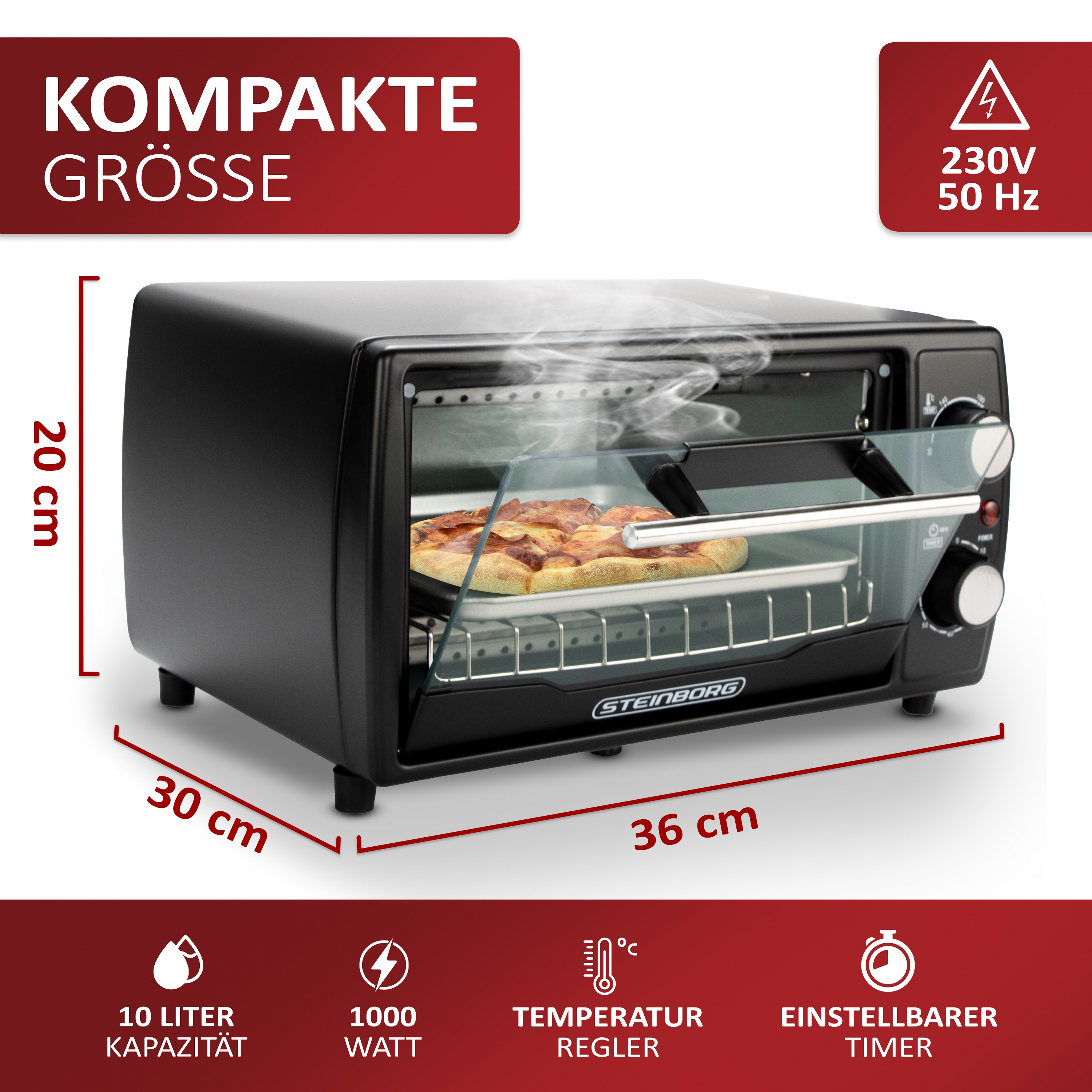 Ein schwarzer Toasterofen mit Essen, eine 36cm Dimension wird angezeigt.