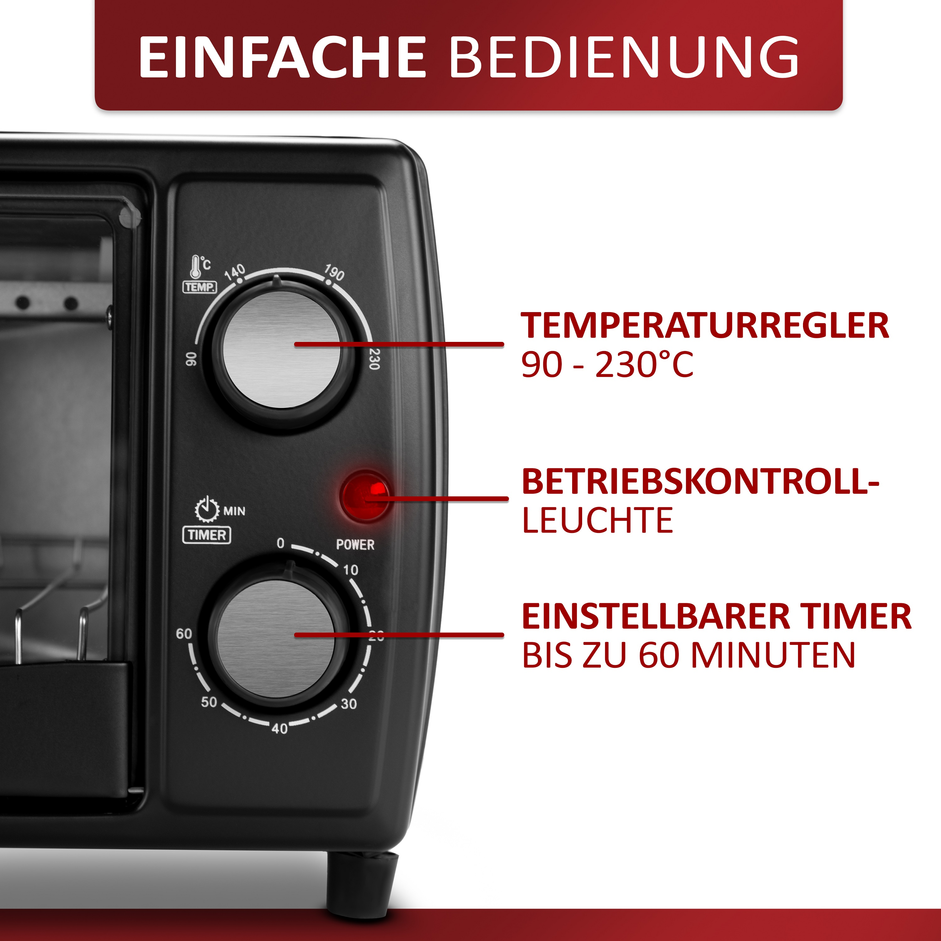 Schwarzer Miniofen mit Temperaturregler, Timer und Betriebsanzeige, mit deutschen Beschriftungen.