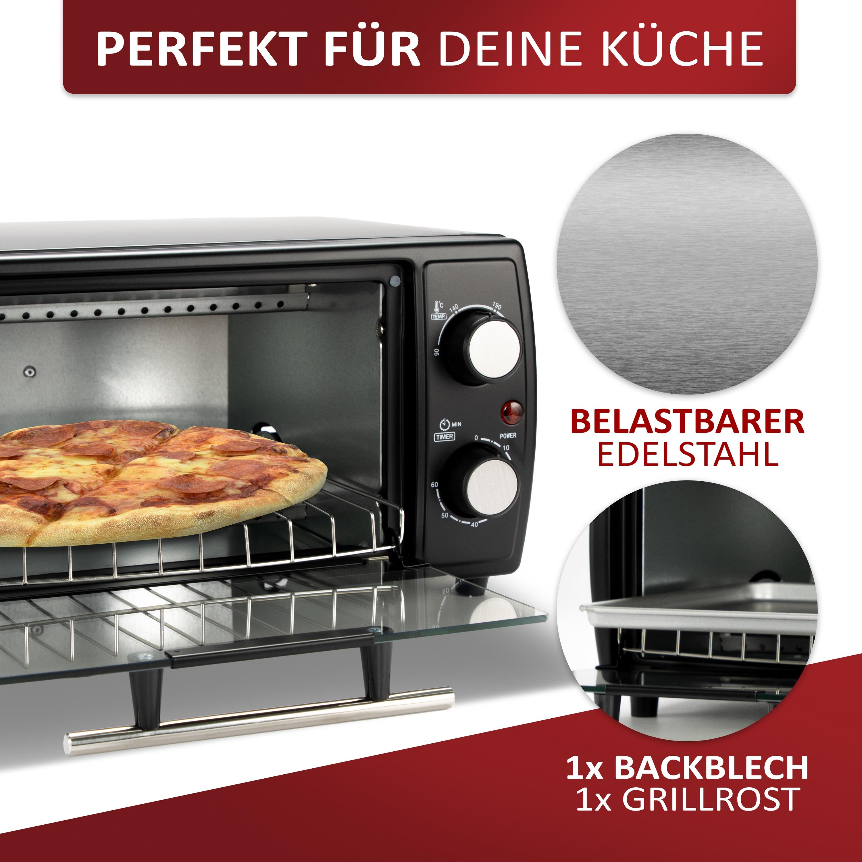 Ein schwarzer Ofen mit einer Pizza darin, mit einer Edelstahlplatte.