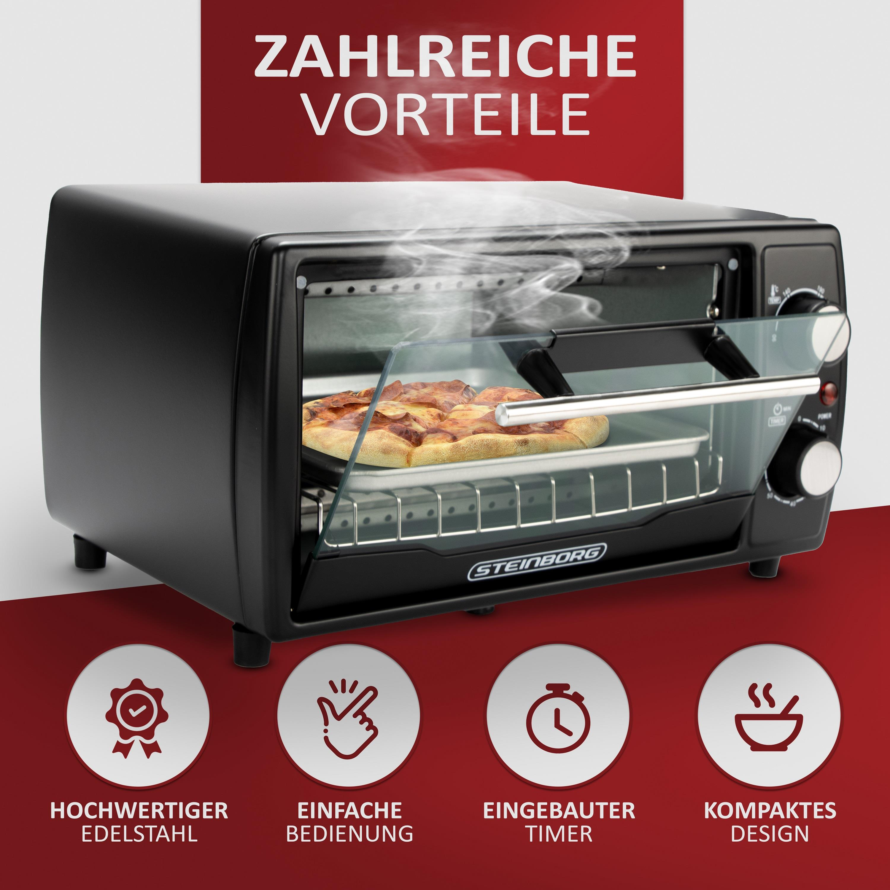 Schwarzer Toasterofen mit Pizza darin. Es gibt Symbole und Text auf der Vorderseite.