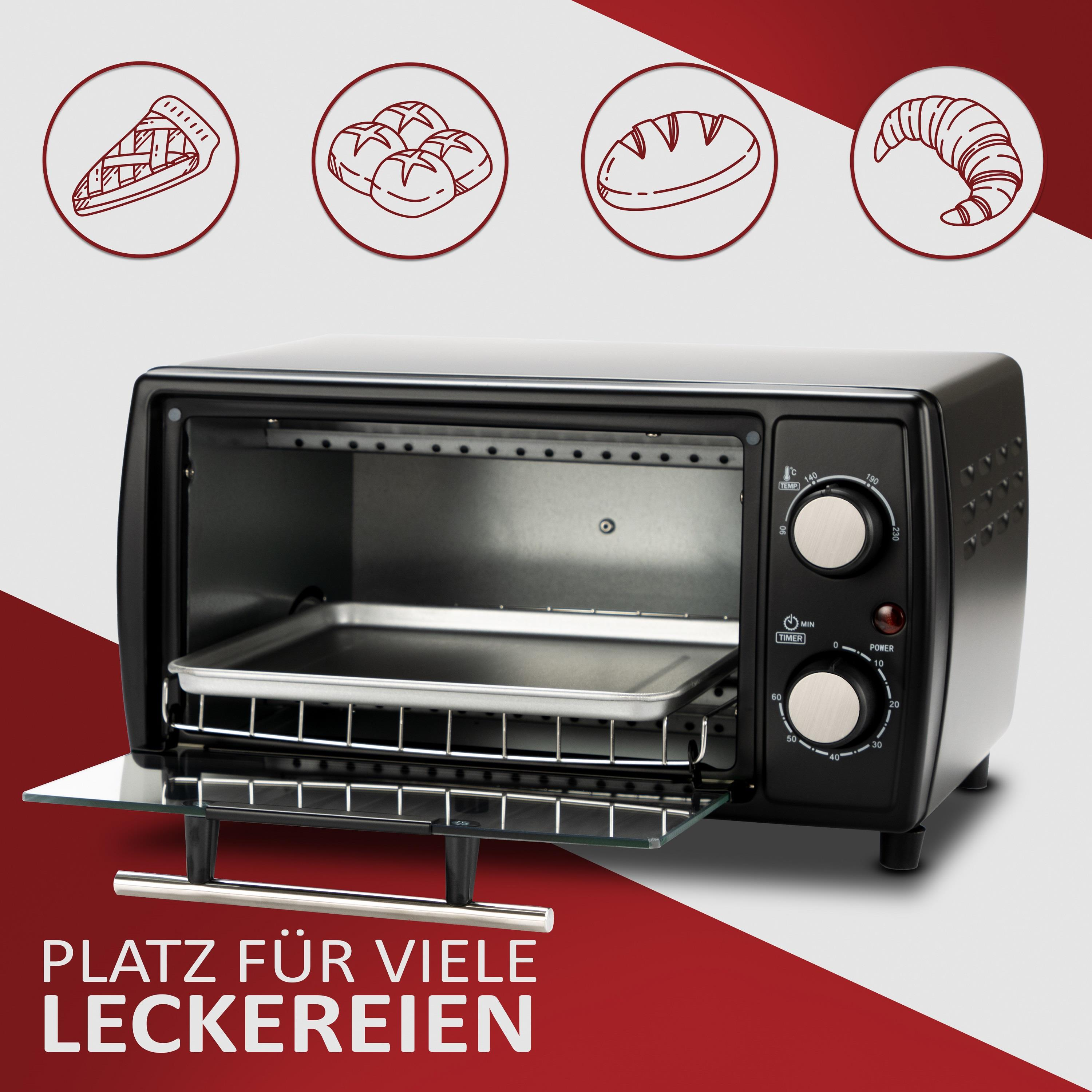 Schwarzer Toaster-Ofen mit Blech und Essenssymbolen darüber.