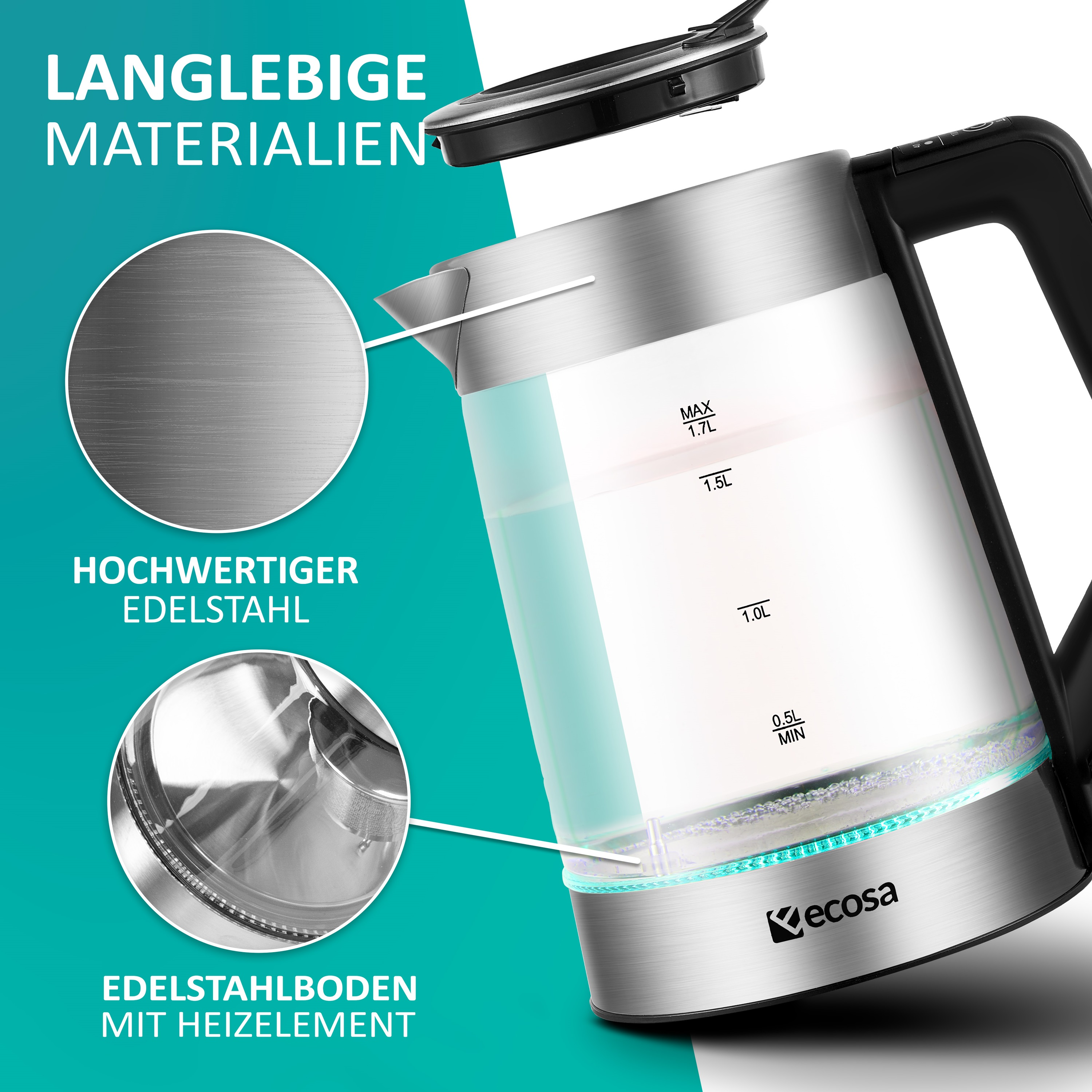 Ein silberner und gläserner Wasserkocher mit Etiketten, die Merkmale wie Edelstahl und Fassungsvermögen hervorheben.