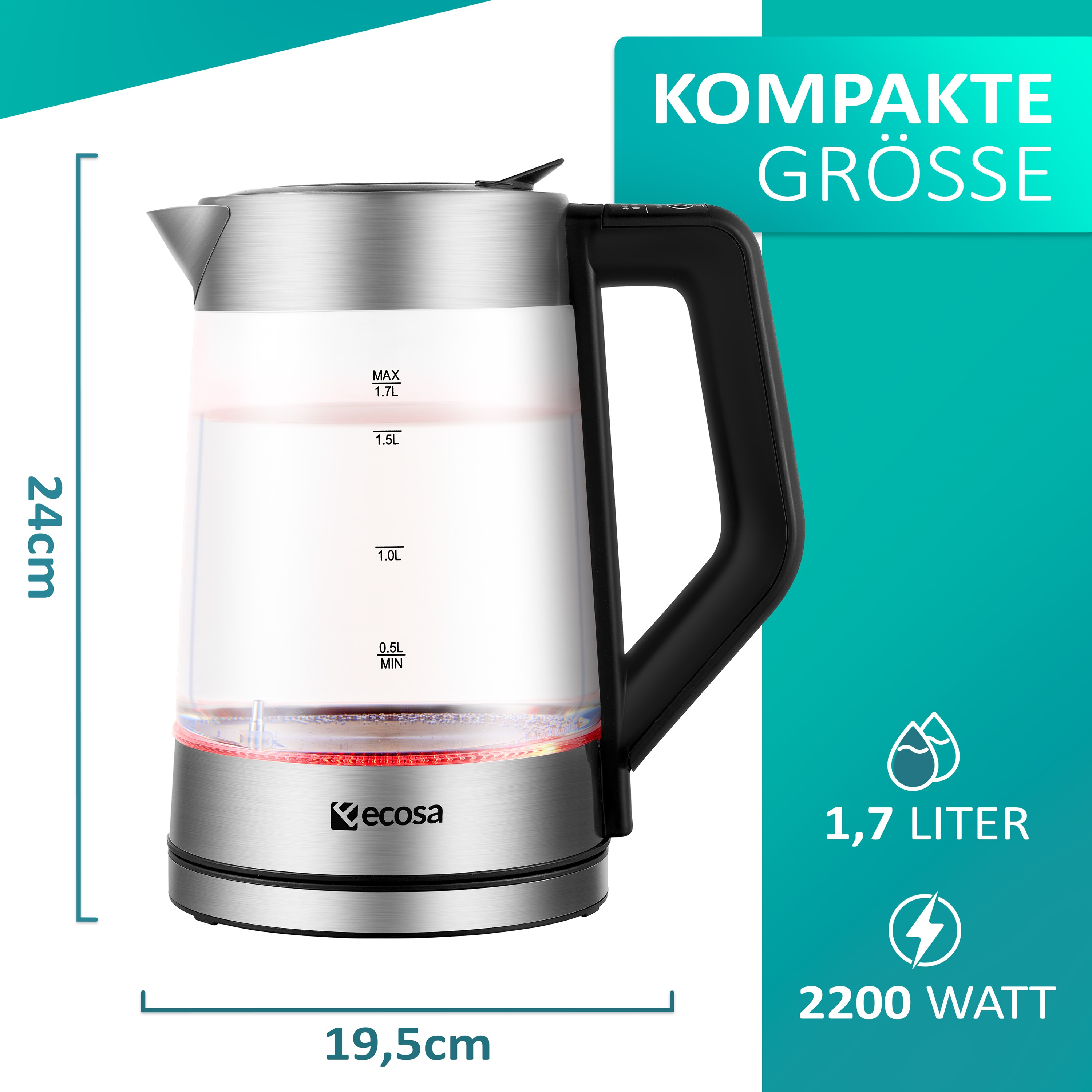 Ein klarer Wasserkocher mit schwarzem Griff und Sockel, der Abmessungen und Wattzahl zeigt.