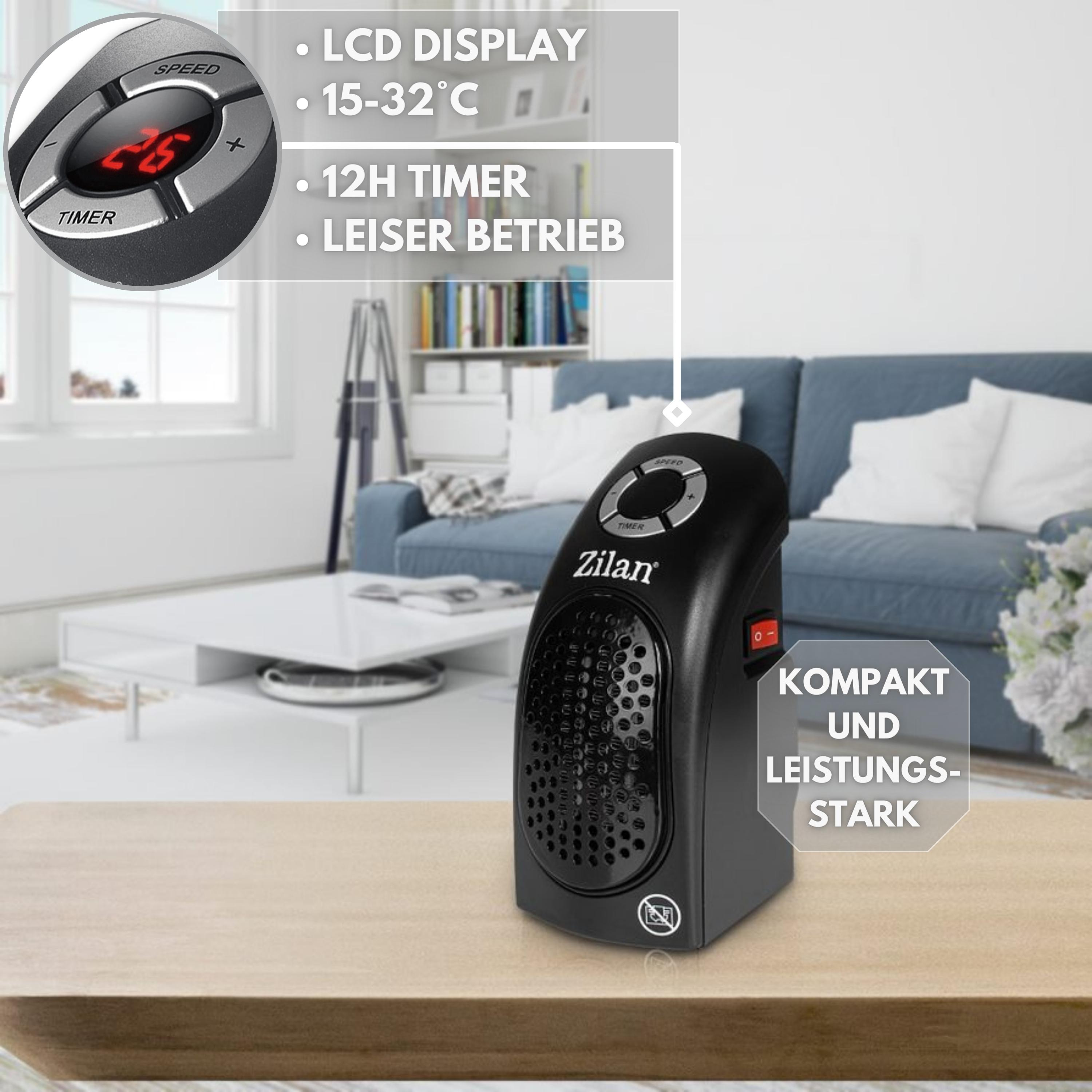 Ein schwarzer Zilan-Heizlüfter mit digitaler Anzeige. Er steht auf einem Tisch, im Hintergrund eine Couch.