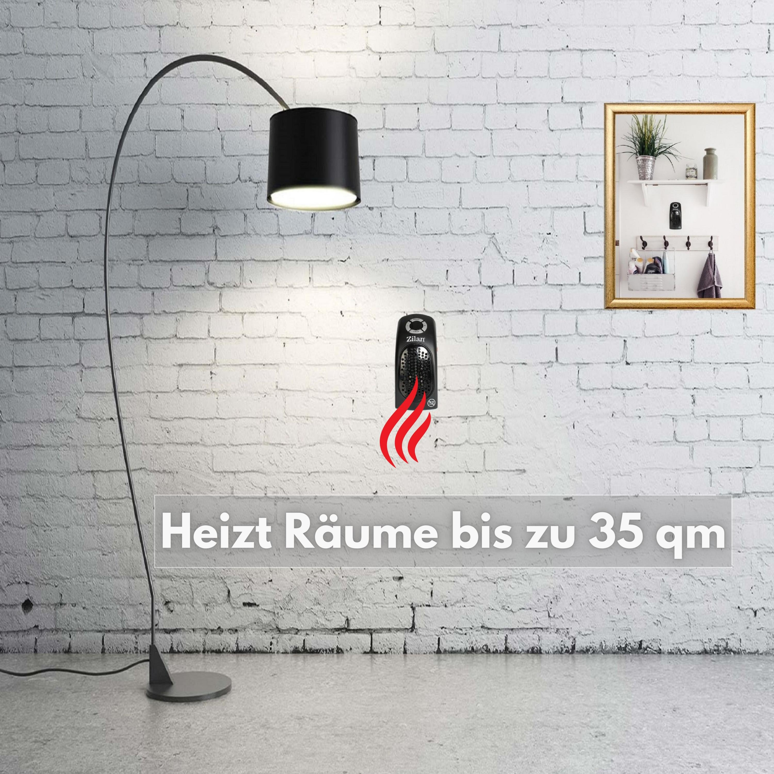 Ein Raum mit Stehlampe, Heizung und Bilderrahmen an einer Ziegelmauer. Text zeigt Heizleistung.