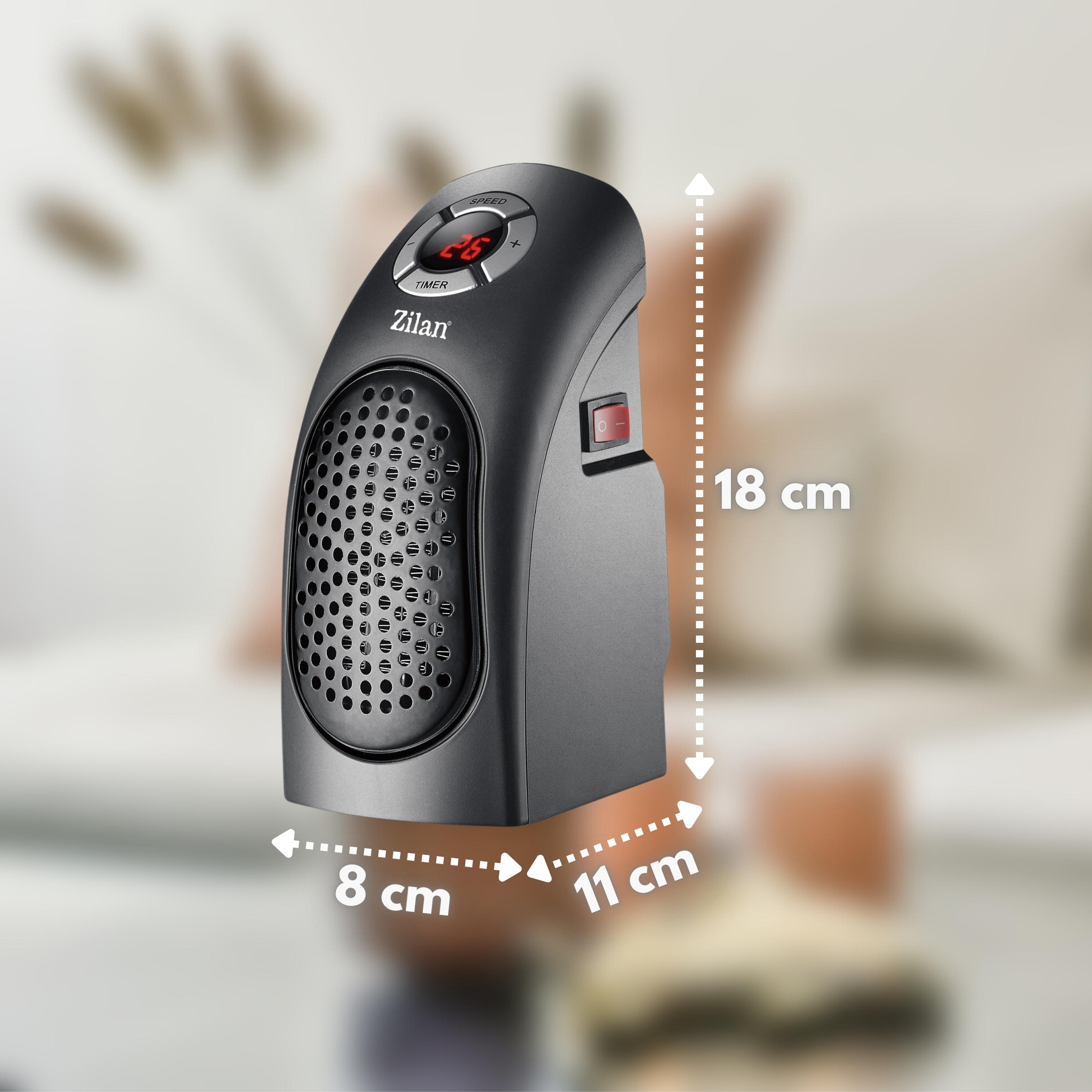 Schwarzer Mini-Heizlüfter mit Abmessungen: 18 cm hoch, 8 cm breit, 11 cm tief.
