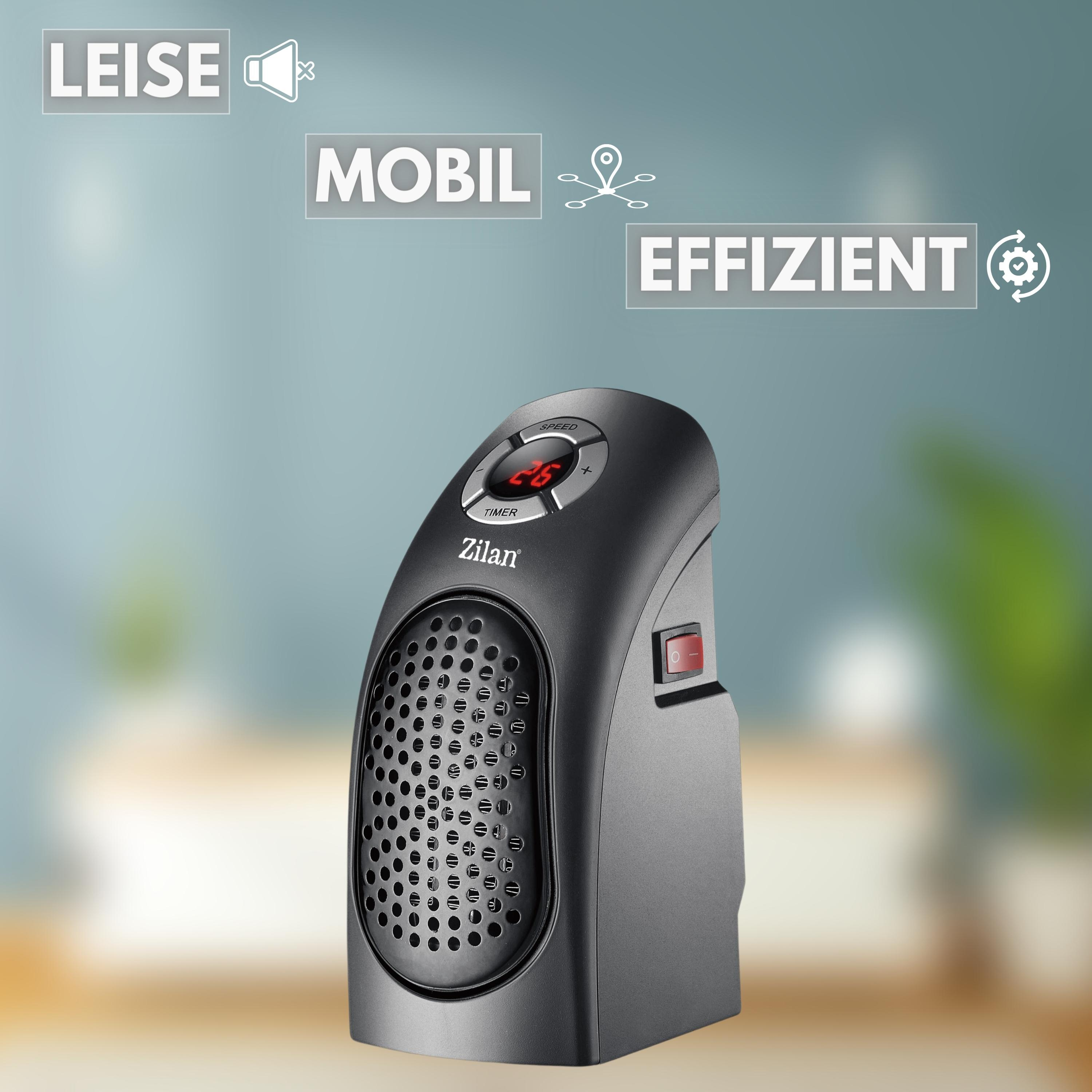 Eine kleiner schwarzer Heizlüfter mit rotem Netzschalter. Text: LEISE, MOBIL, EFFIZIENT.