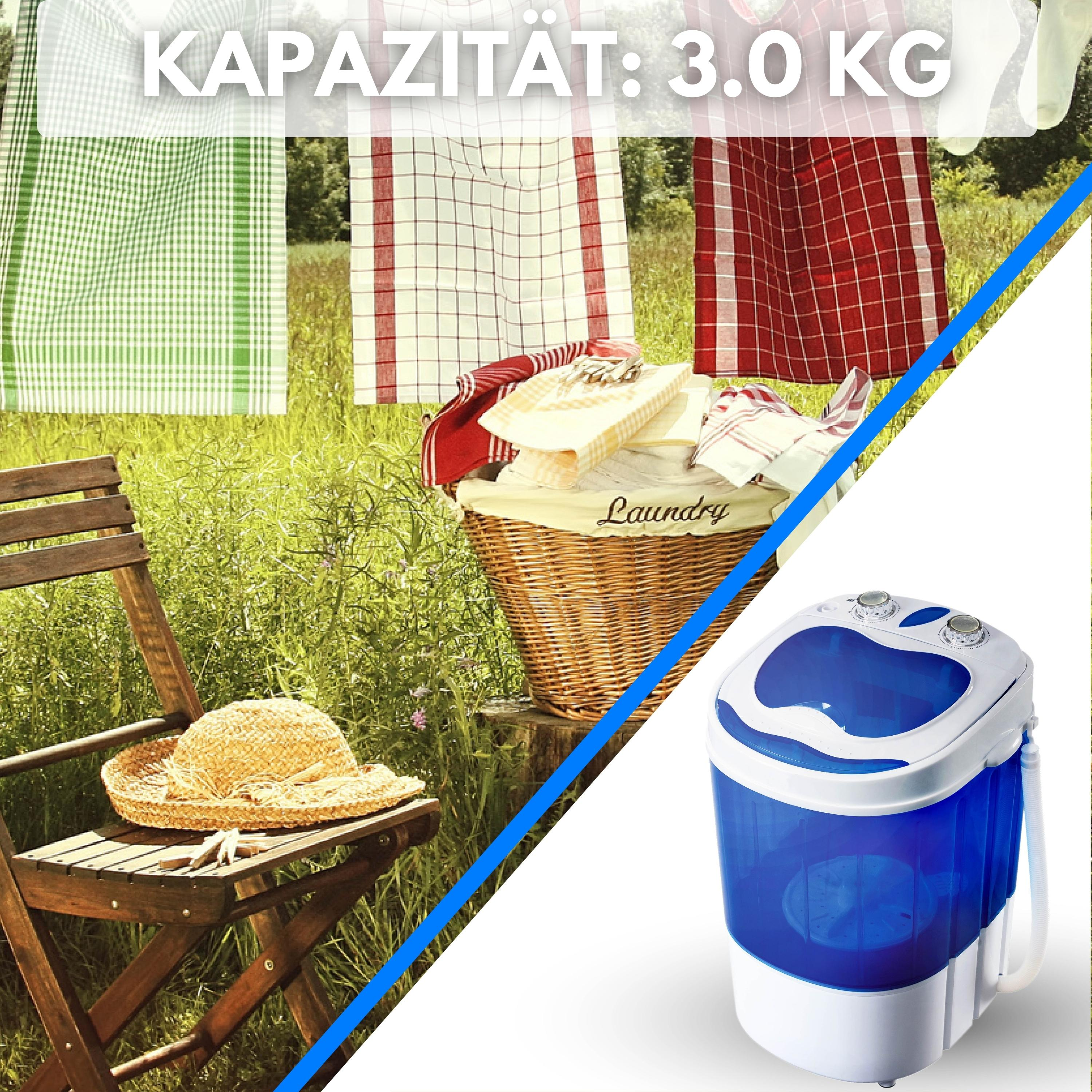 Wäschetag: Handtücher hängen, Korb mit Kleidung und eine blaue und weiße tragbare Waschmaschine.
