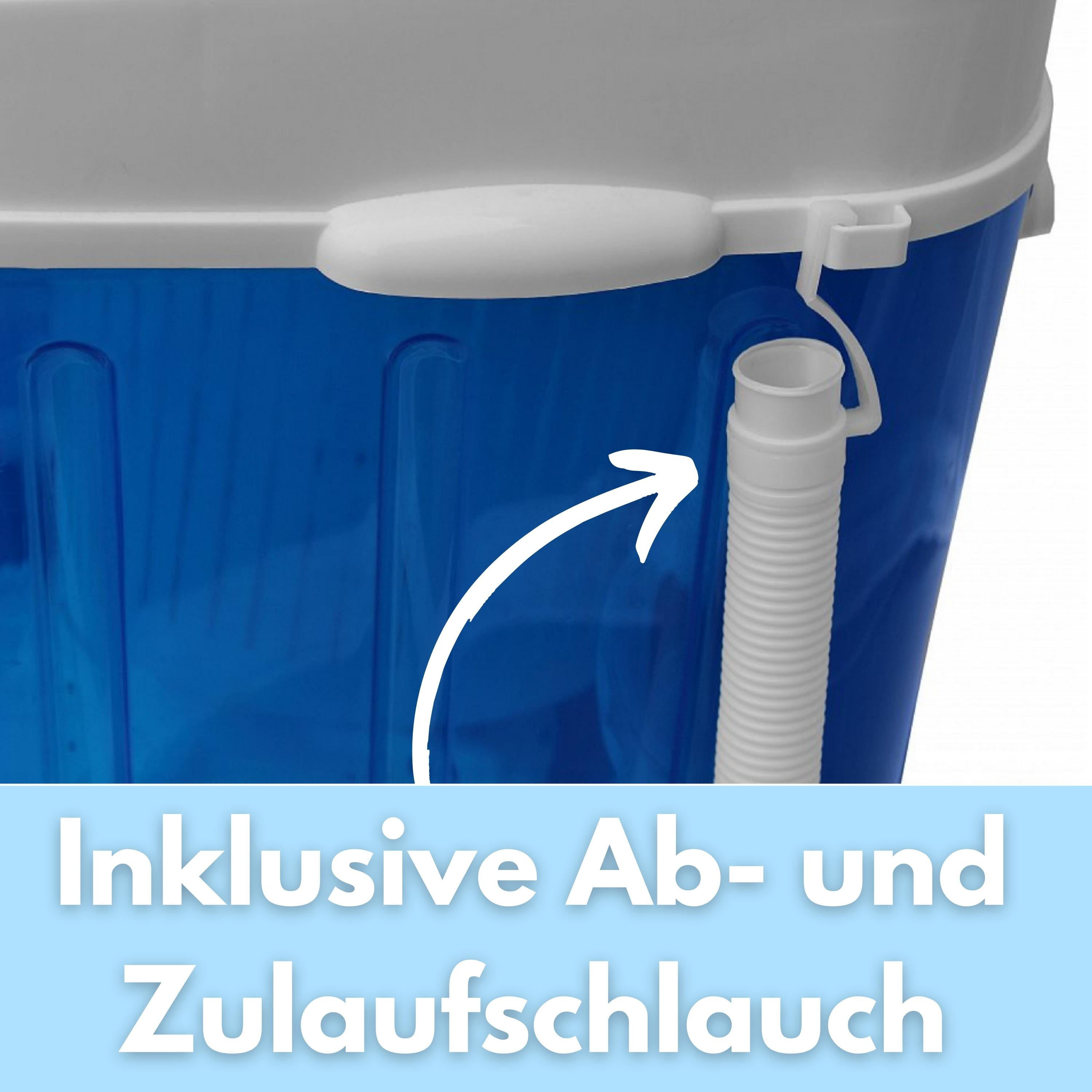 Blau-weiße tragbare Waschmaschine mit Schlauch und Text über enthaltene Schläuche.