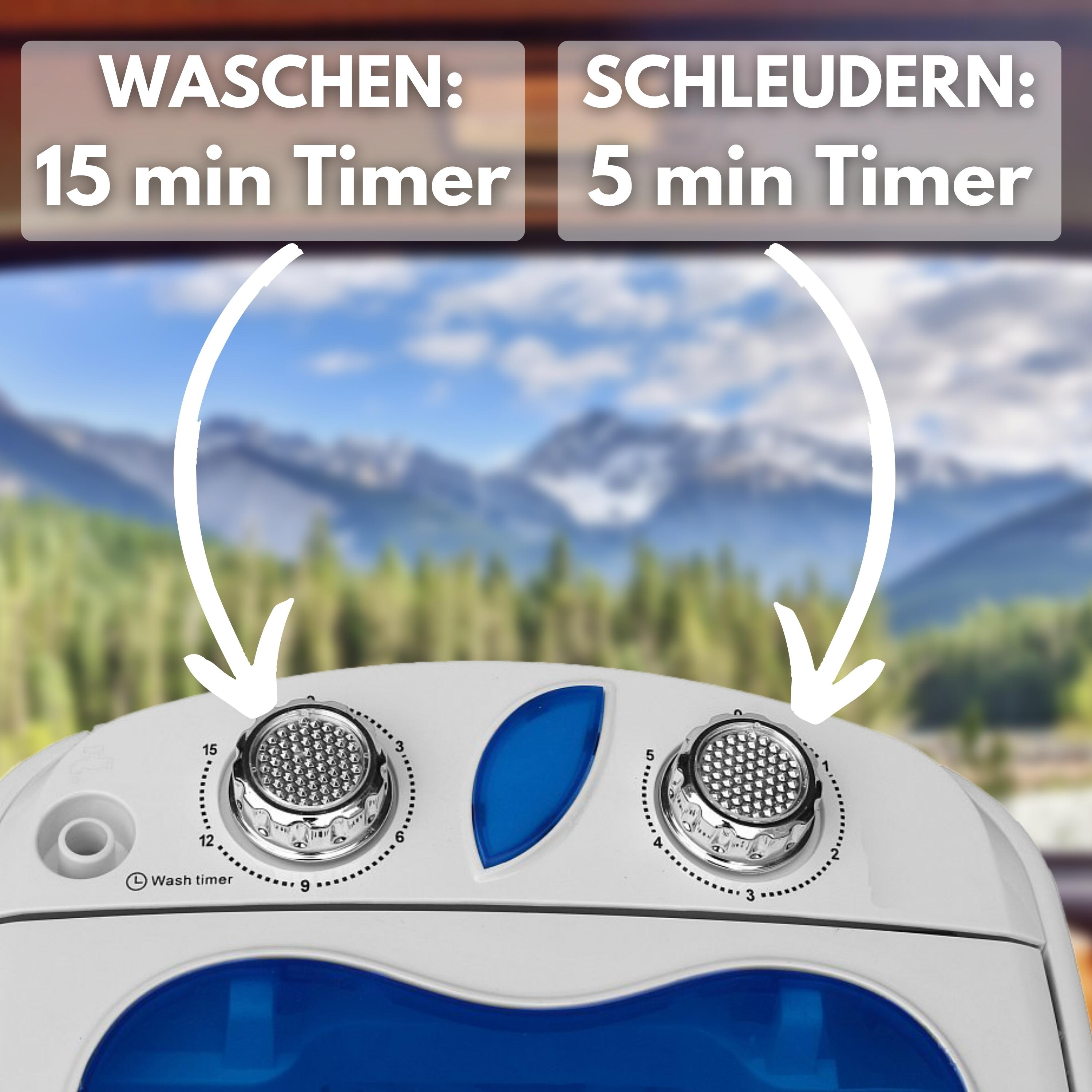 Waschmaschinen-Bedienfeld mit Timer-Reglern. Text: „Waschen: 15 Min Timer und 5 Min Timer“.