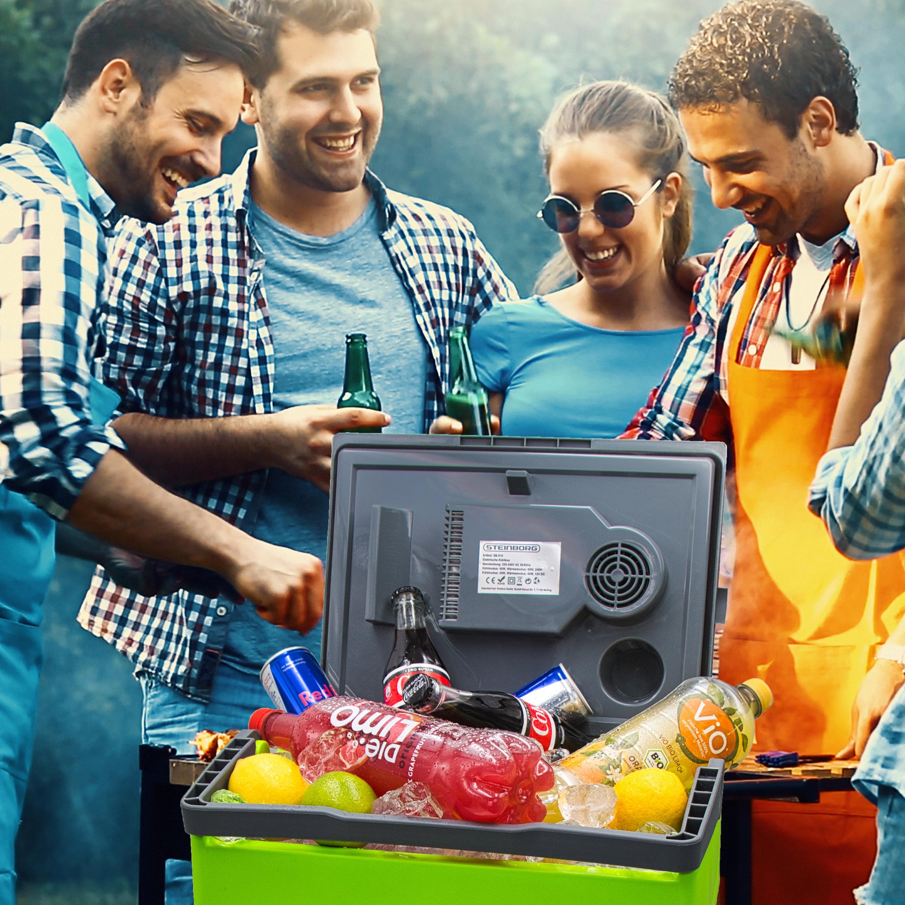 Gruppe von Leuten um eine Kühlbox mit Getränken und Essen. Grüne Kühlbox, Getränke und Zitronen. Leute lächeln.