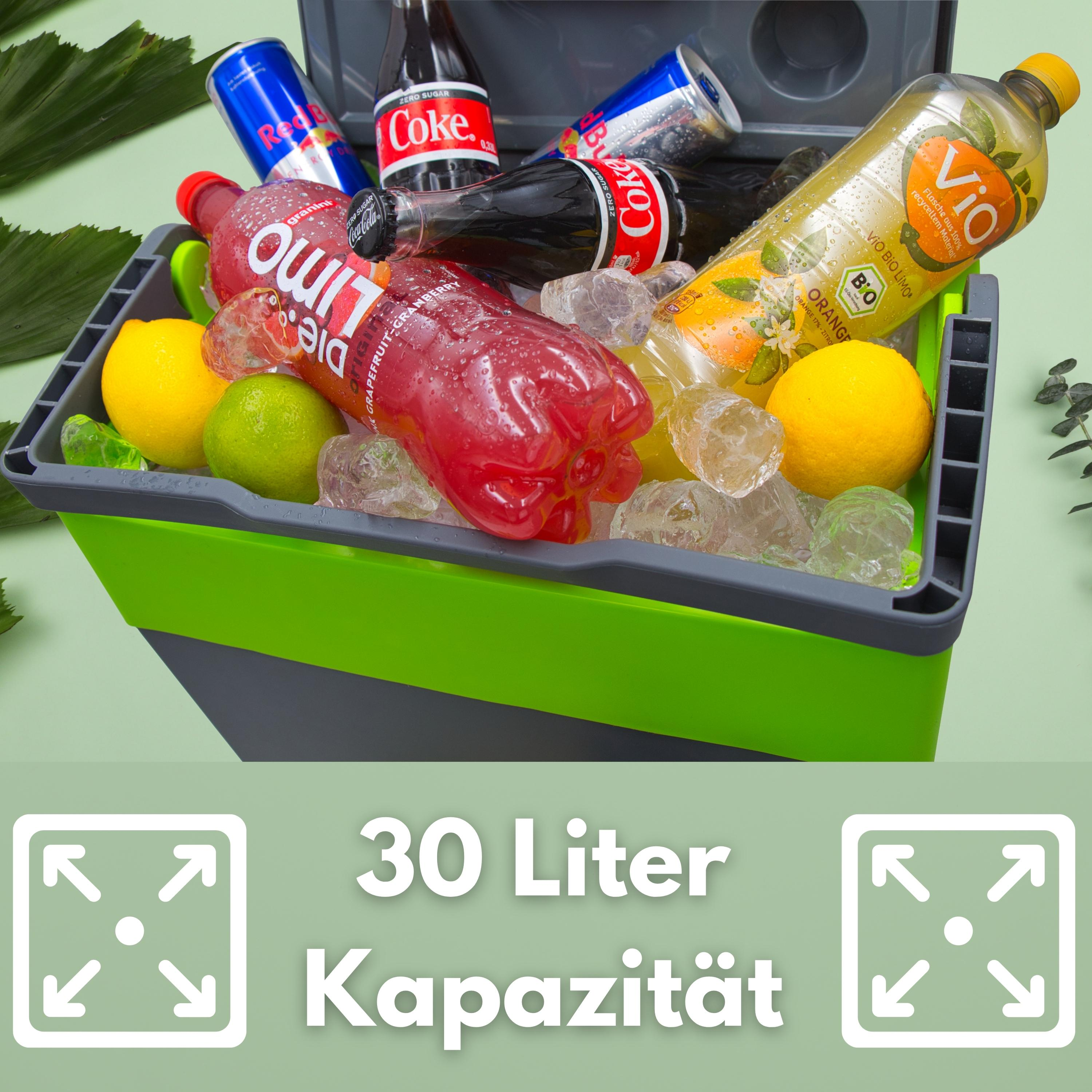 Kühler mit Getränken: Red Bull, Cola und eine ViO-Flasche mit Zitronen und Eis.