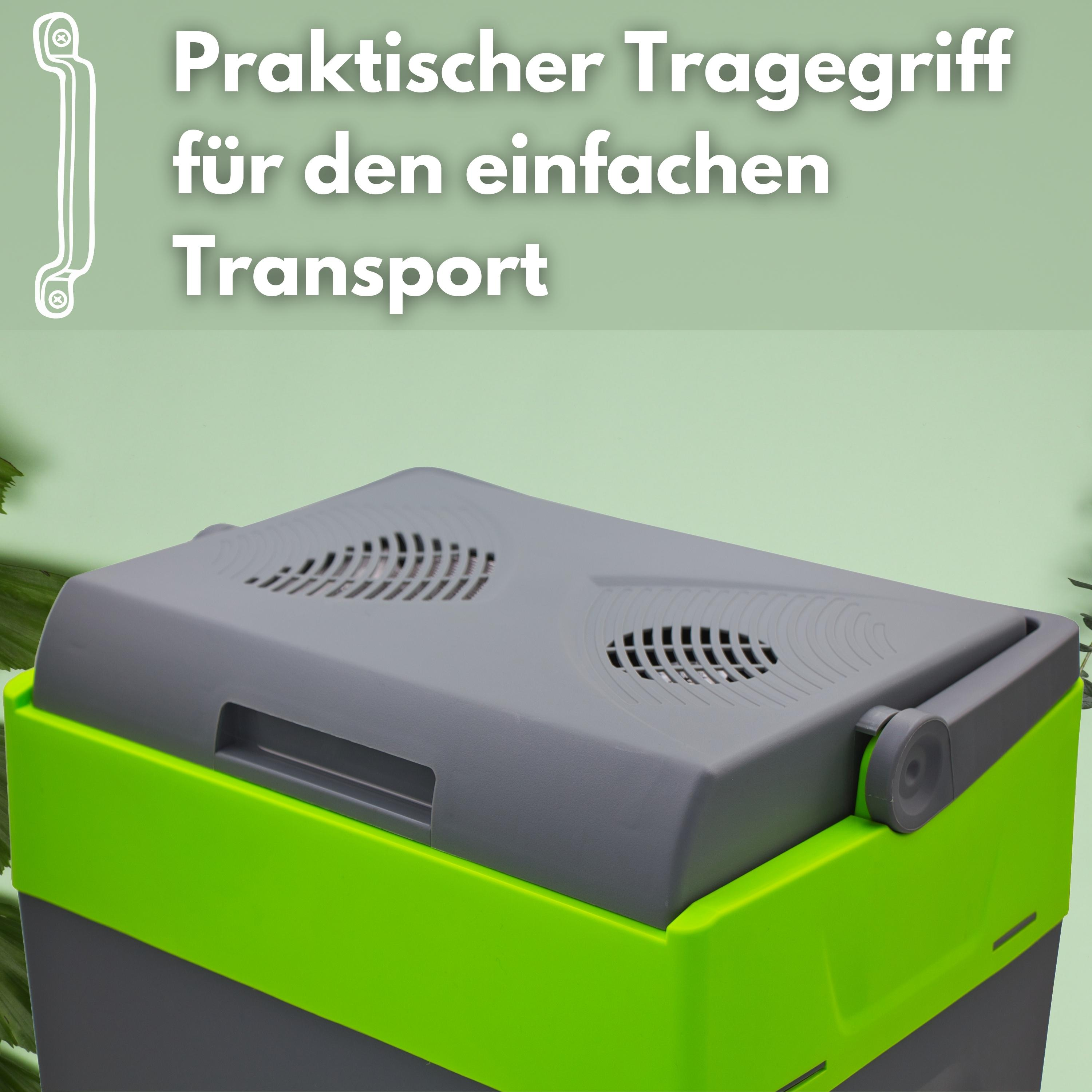 Grauer und grüner Kühler mit dem Text "Praktischer Tragegriff für den einfachen Transport".
