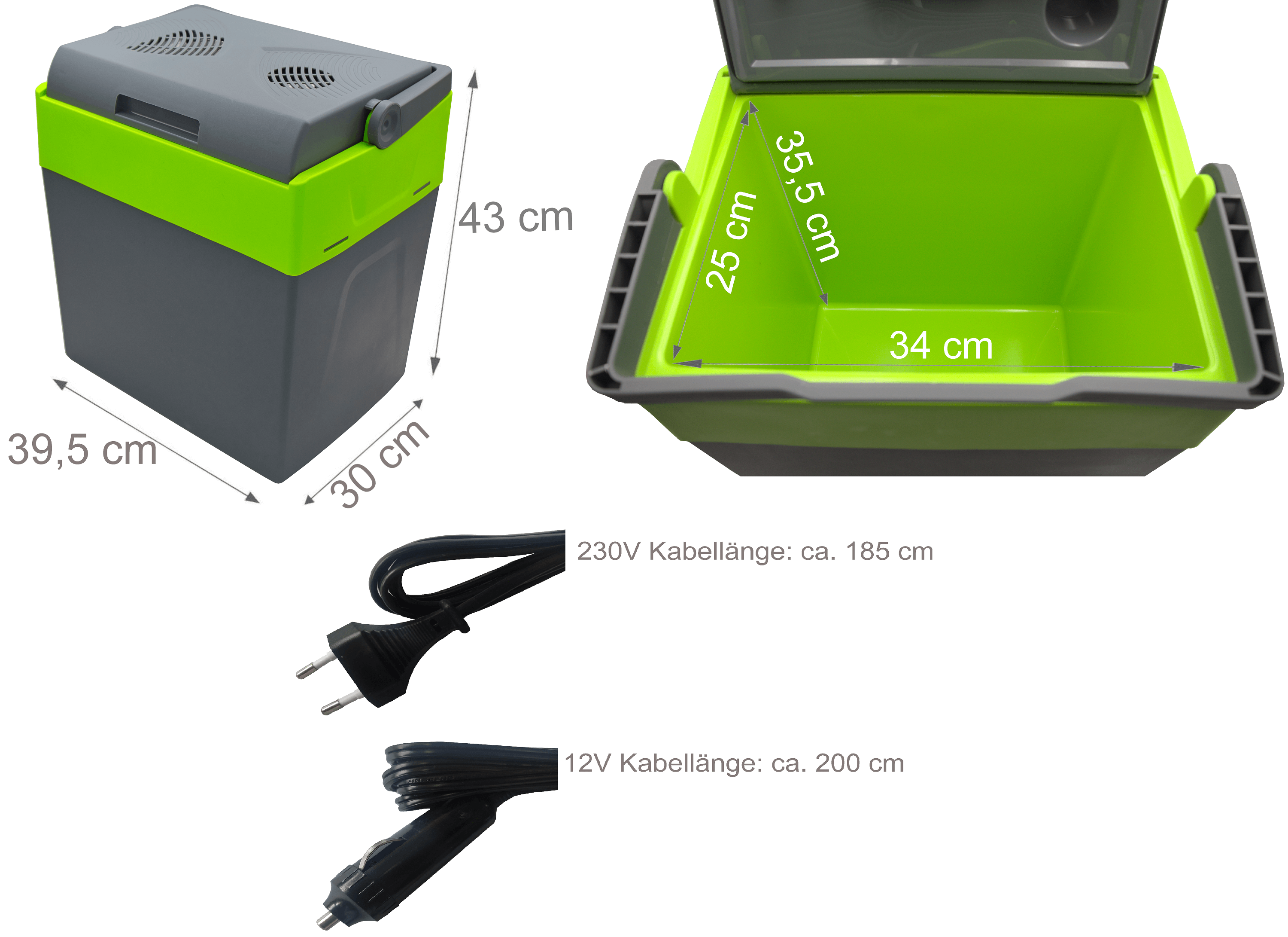 Eine grau-grüne Kühlbox mit Maßangaben und Kabeln für 230V und 12V Strom.
