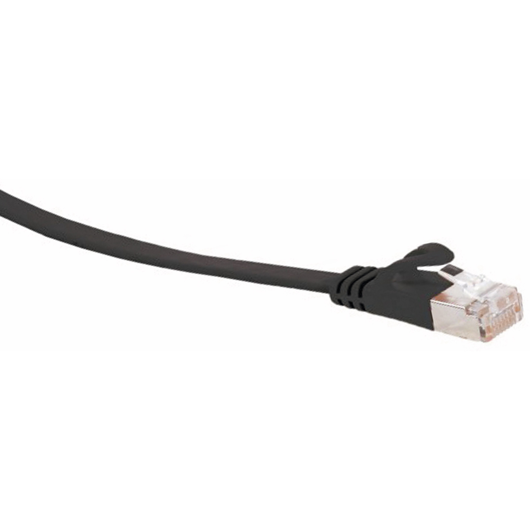 Schwarzes Ethernet-Kabel mit einem durchsichtigen Stecker.
