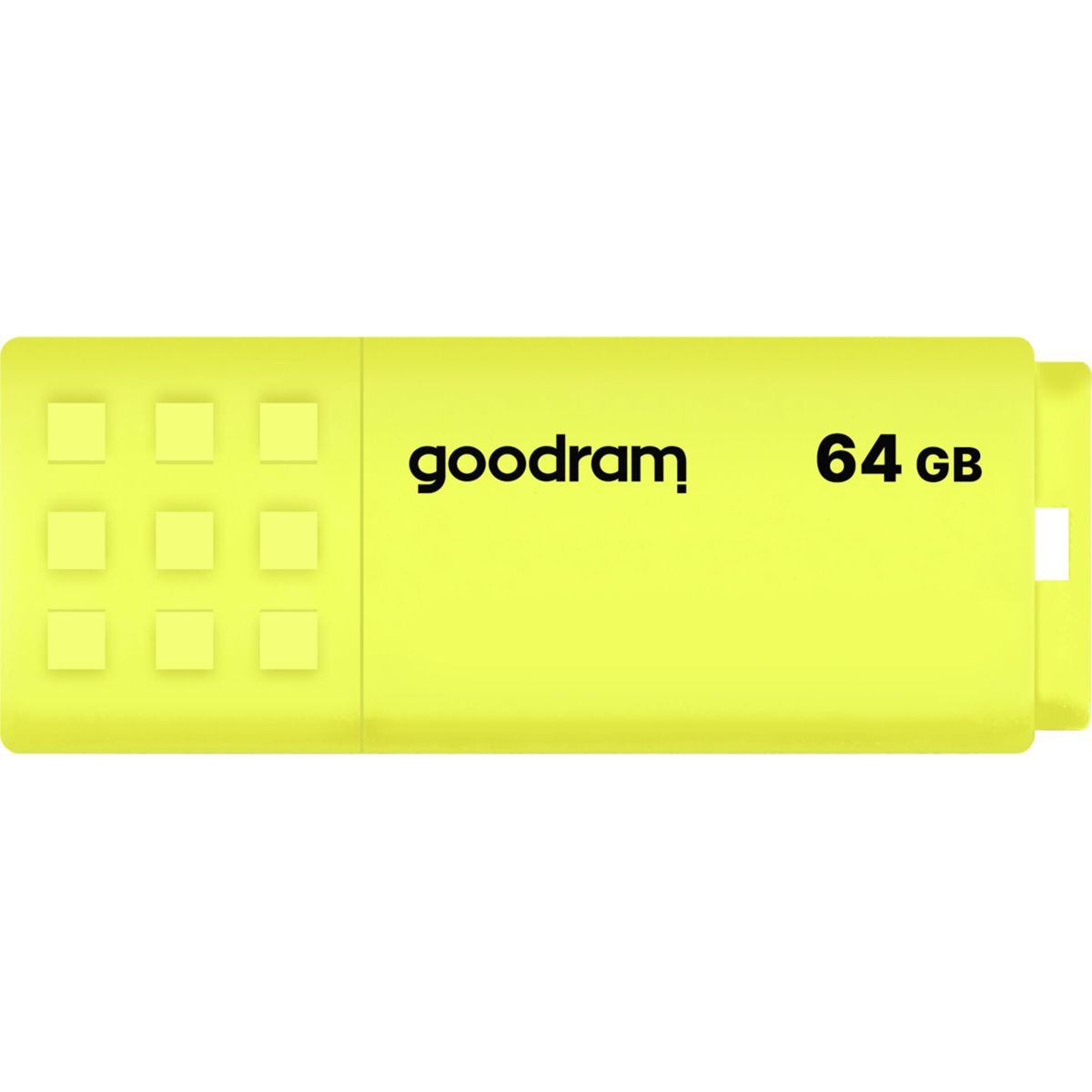 Żółty pendrive Goodram USB. Ma prostokątny kształt z etykietami Goodram i 64 GB.