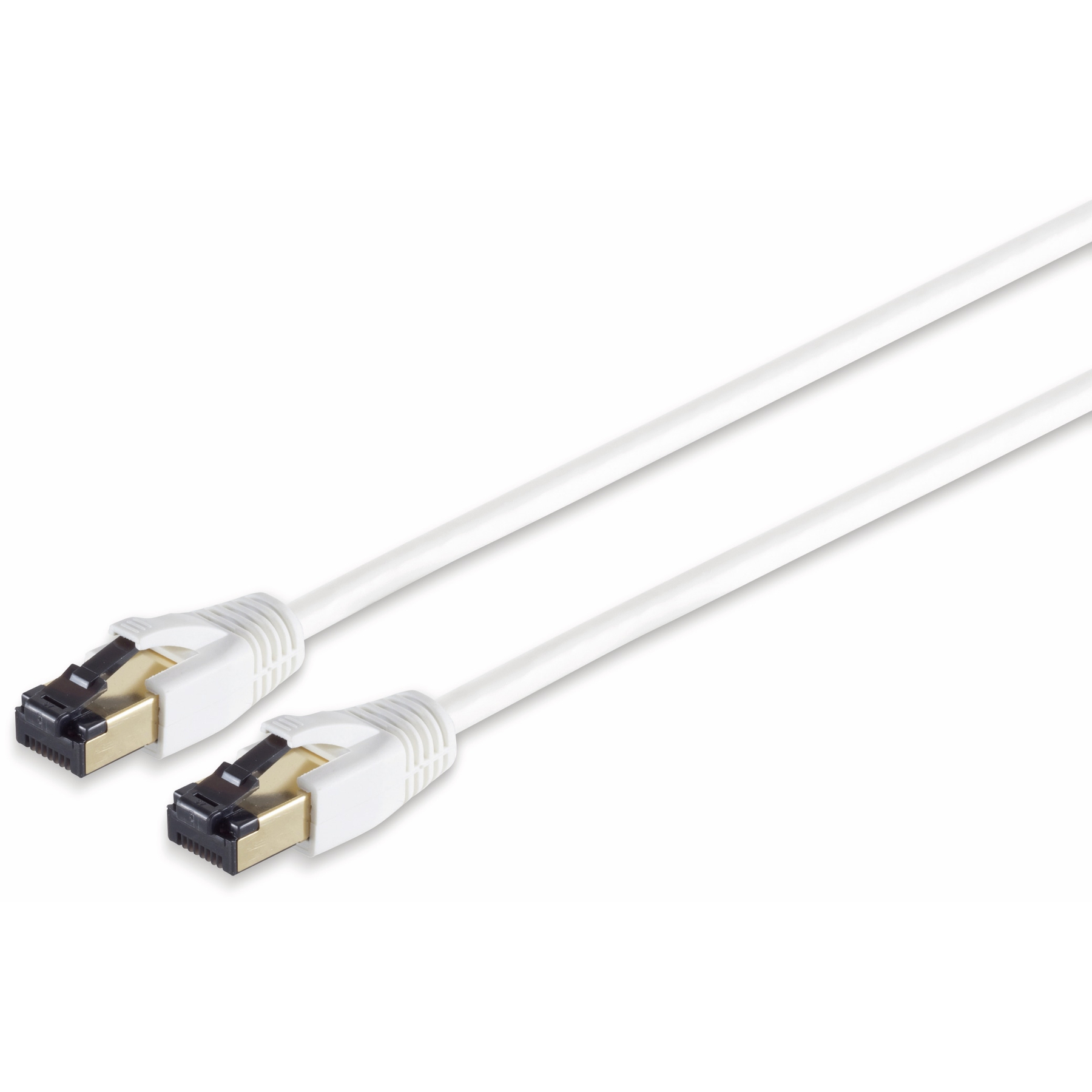 Zwei weiße Ethernet-Kabel mit goldfarbenen Steckern auf weißem Hintergrund.