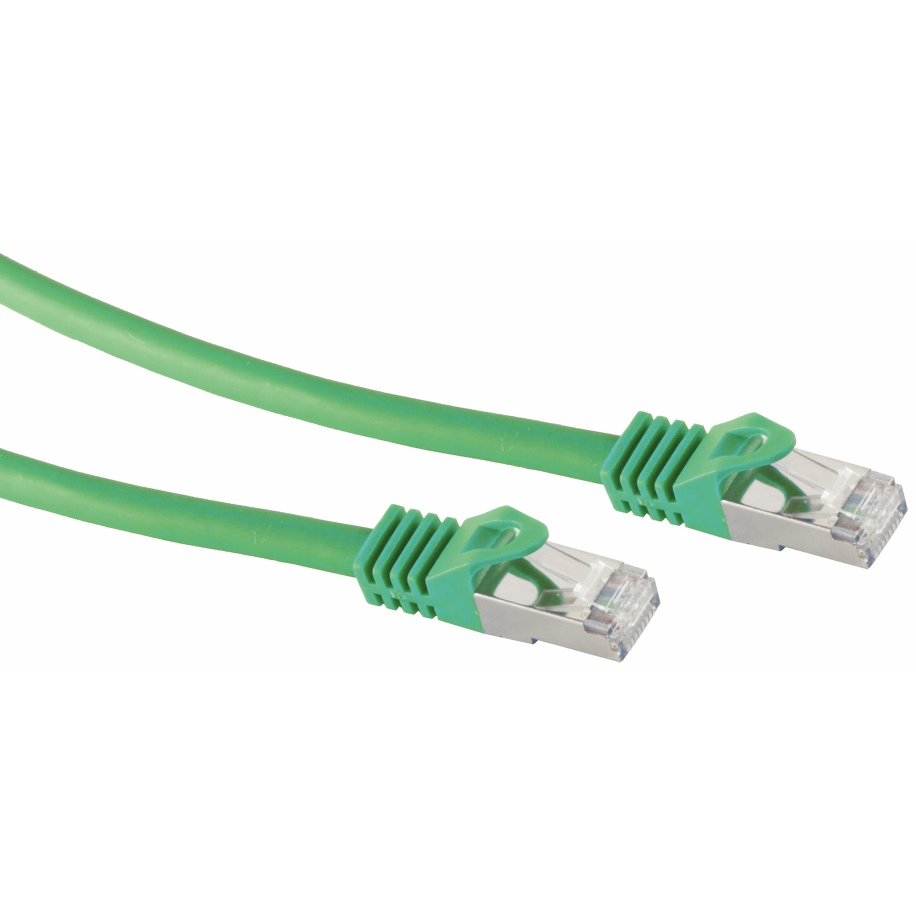 Zielony kabel Ethernet z złączami. Końce mają klipsy i metalowe ekranowanie. Białe tło.