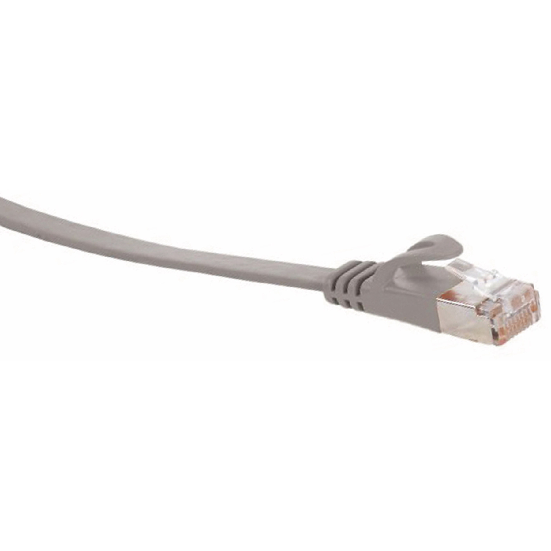 Graues Ethernet-Kabel mit Stecker, isoliert auf weißem Hintergrund, Nahaufnahme.