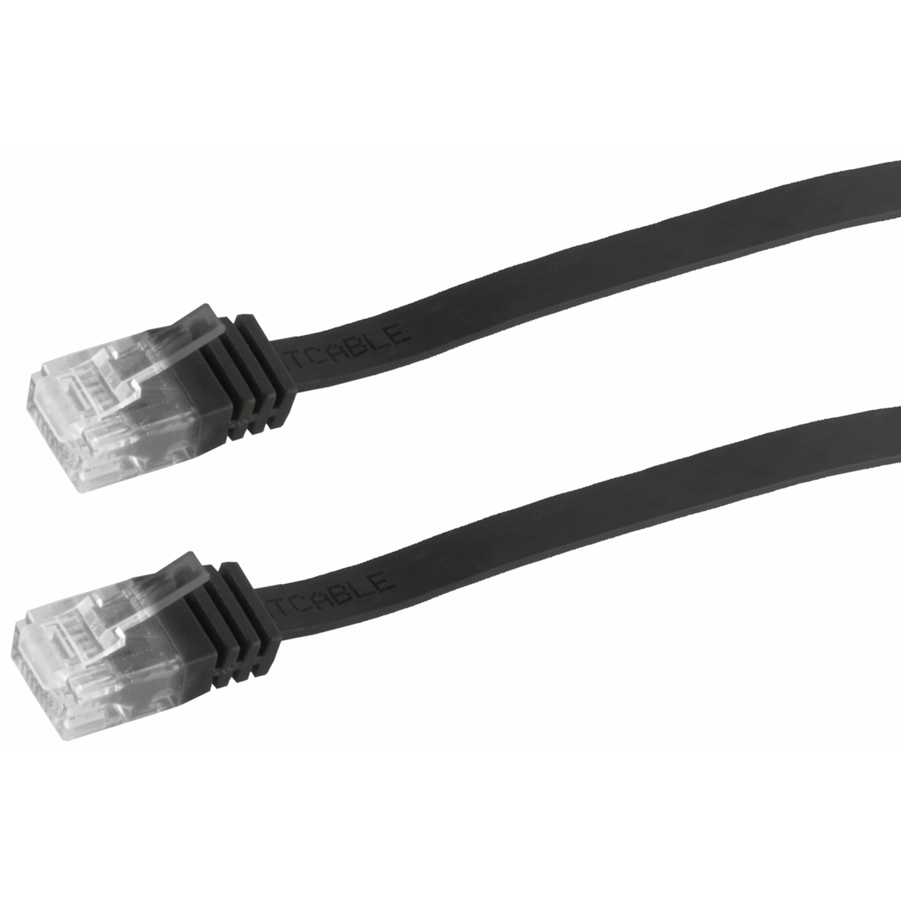 Schwarzes flaches Ethernet-Kabel mit Steckern. Es hat transparente Kunststoffstecker.