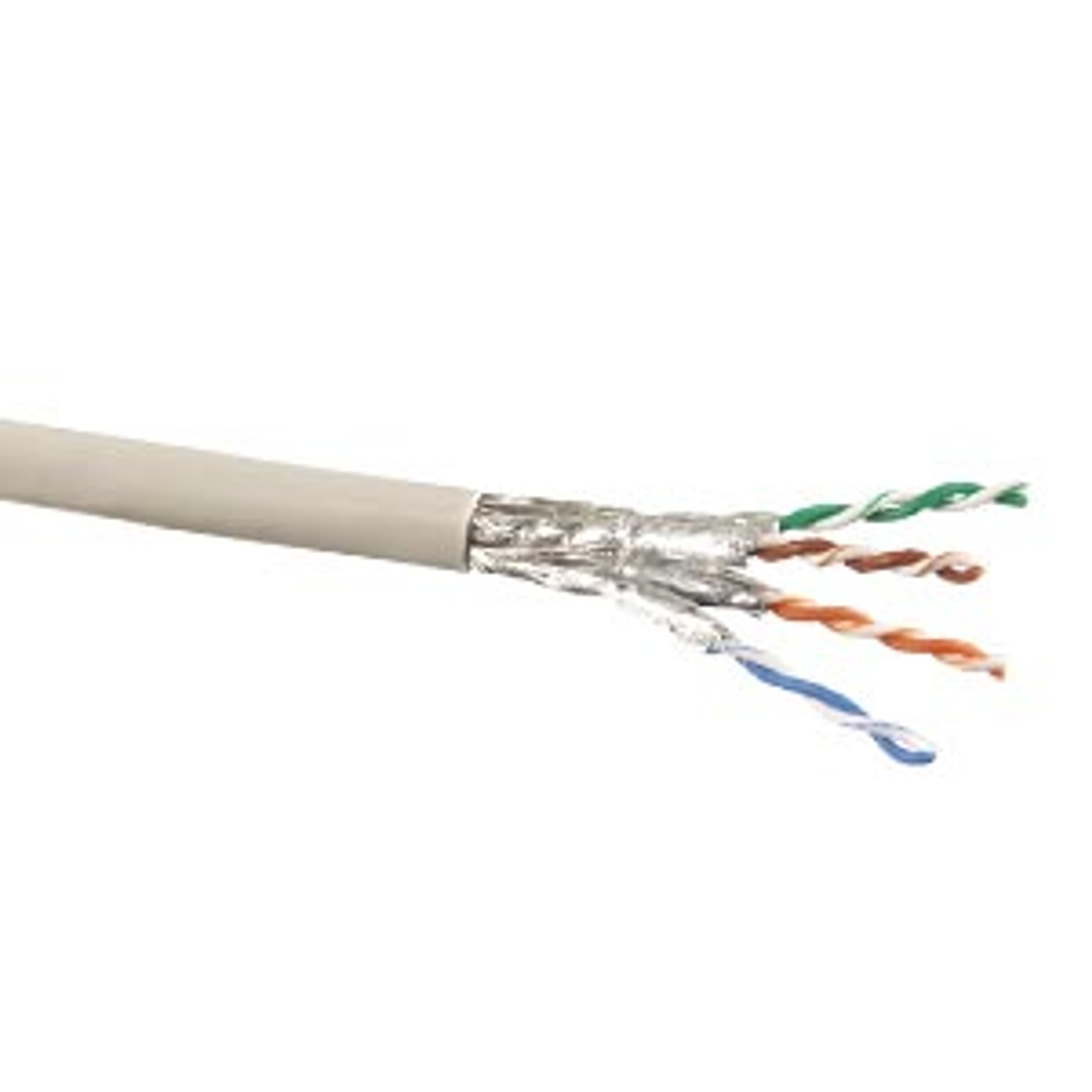 Cavo di rete parzialmente spellato che mostra coppie intrecciate di fili colorati.