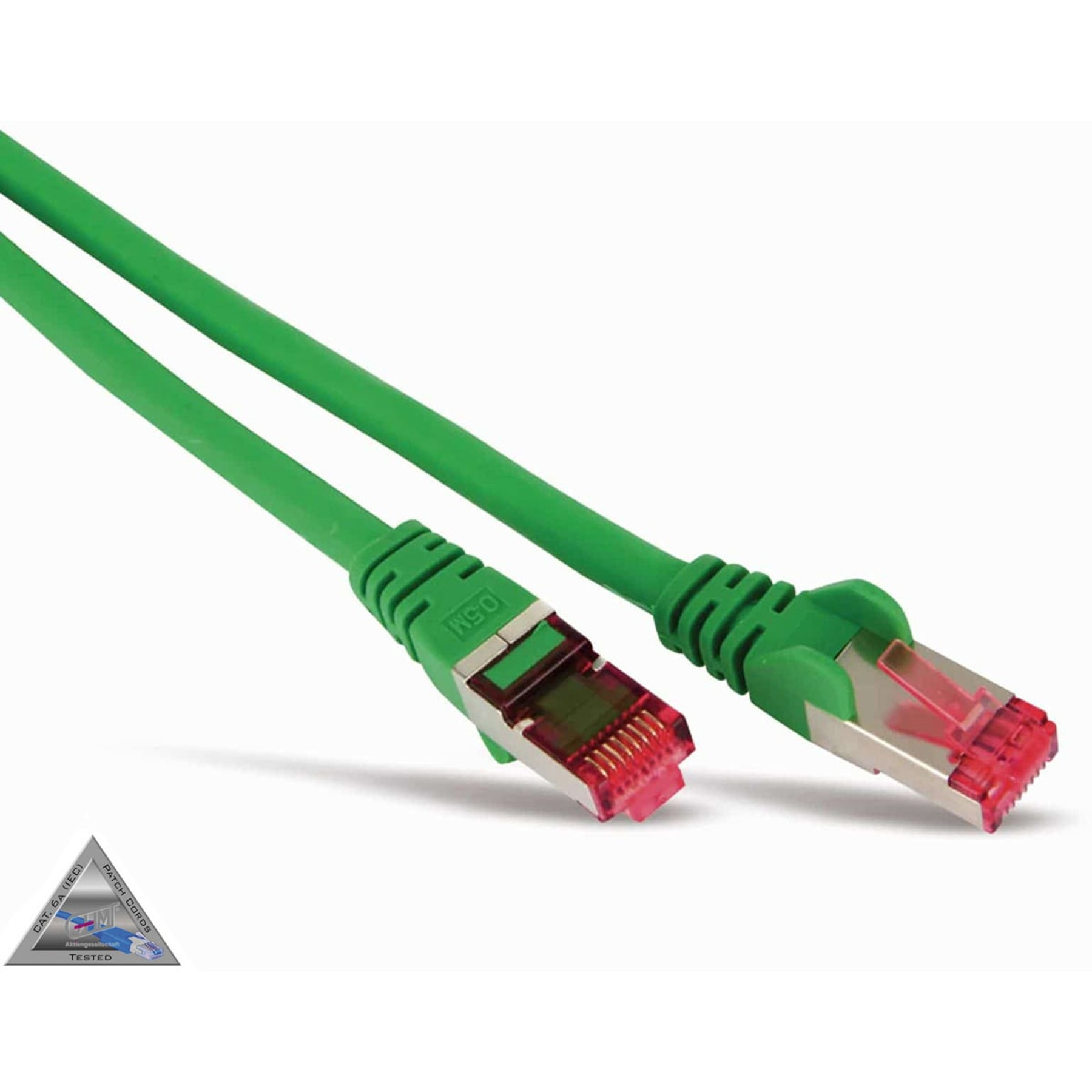 Grünes Ethernet-Kabel mit Steckern. Stecker haben rote und goldene Kontakte.