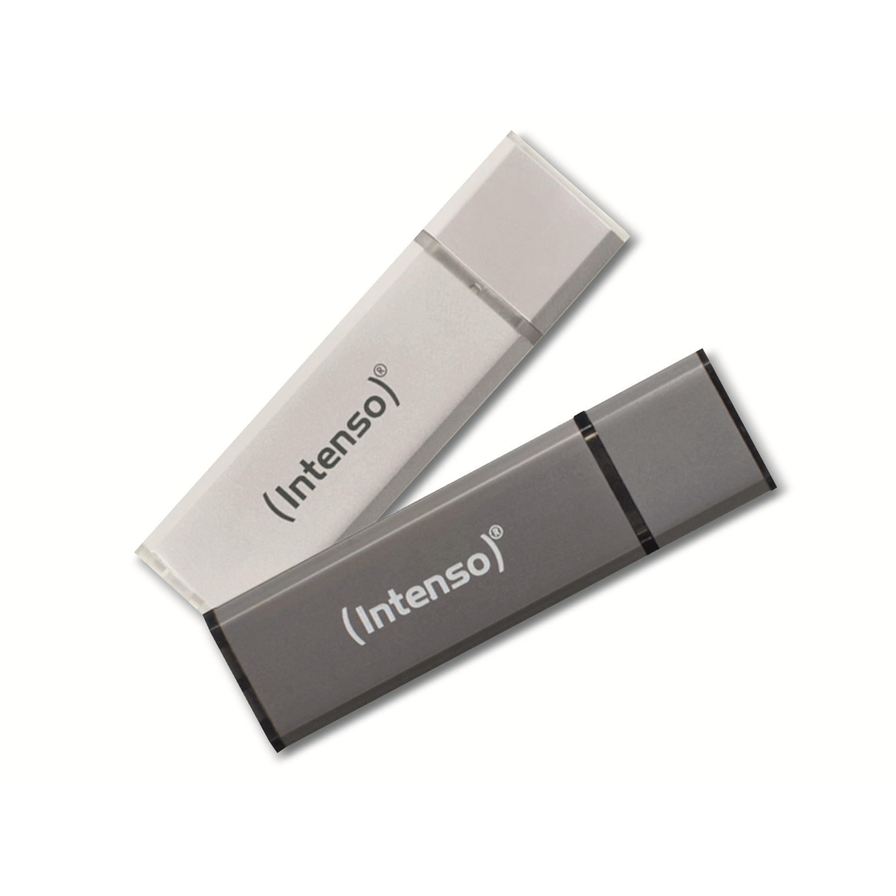 Dwa dyski USB, jeden biały i jeden szary, z marką 'Intenso'.