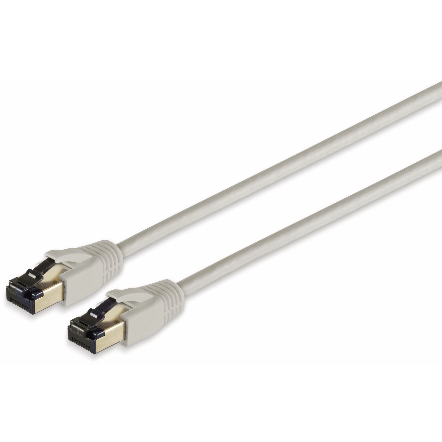 Weißes Ethernet-Kabel mit silbernen Anschlüssen, Nahaufnahme.