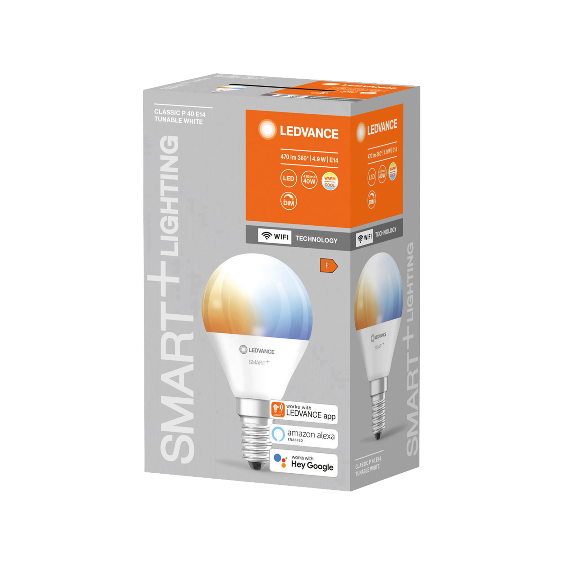 LEDVANCE Smart-Glühbirne im Karton, weiß und orange.