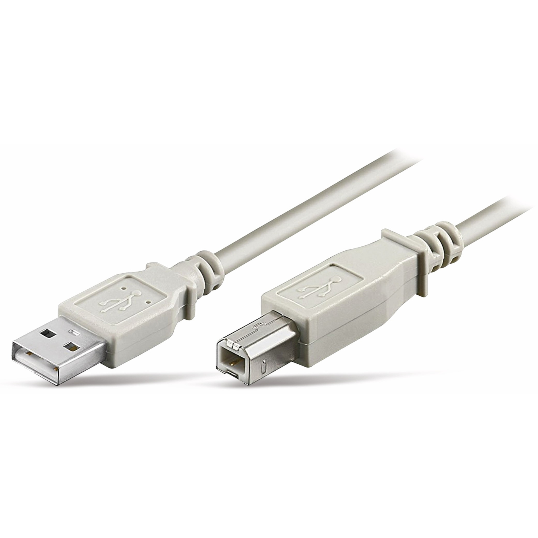 Szary kabel USB z dwoma złączami. Oba mają logo USB, kabel na białym tle.