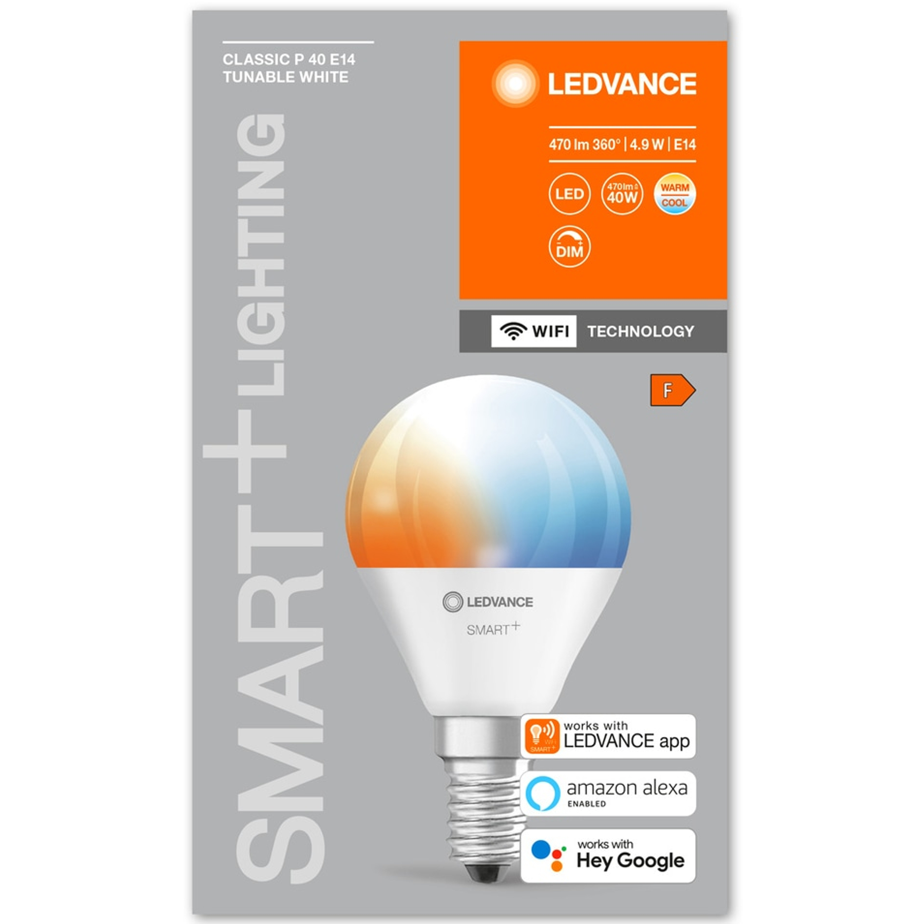LEDVANCE Smart-Glühbirnenverpackung mit Glühbirnen-Grafik und Produktinformationen. Weißer Hintergrund.