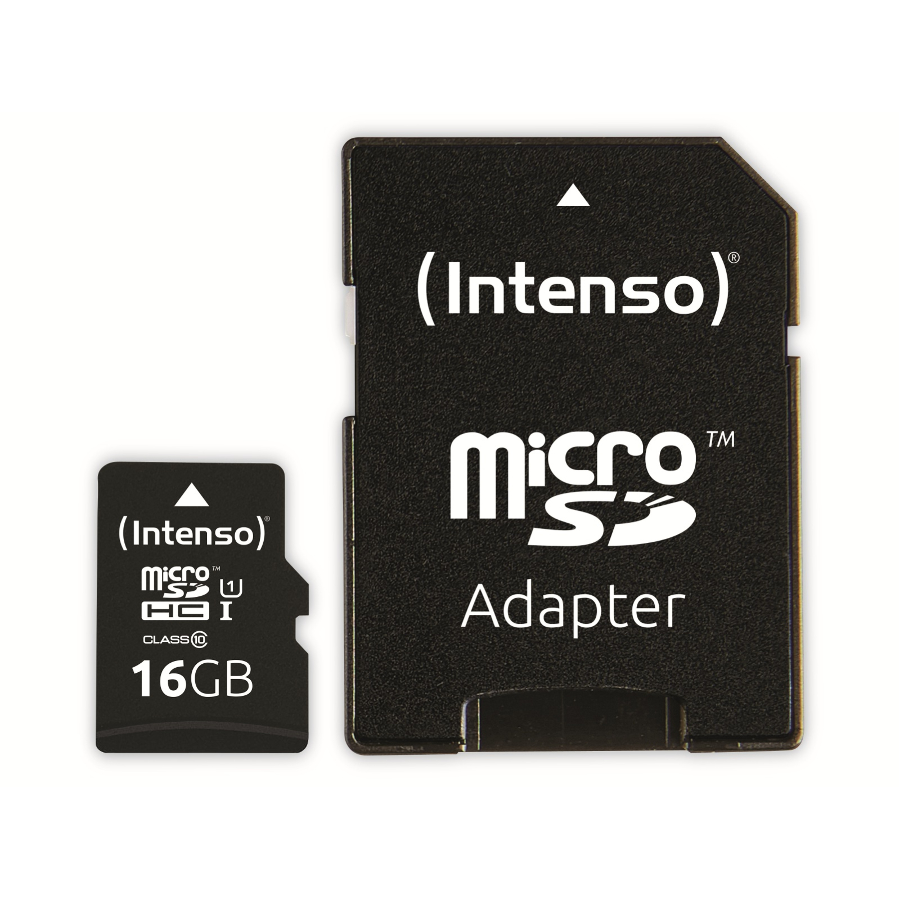 Micro-SD-Karte und Adapter. Schwarze Farbe, weißer Text mit Markennamen.