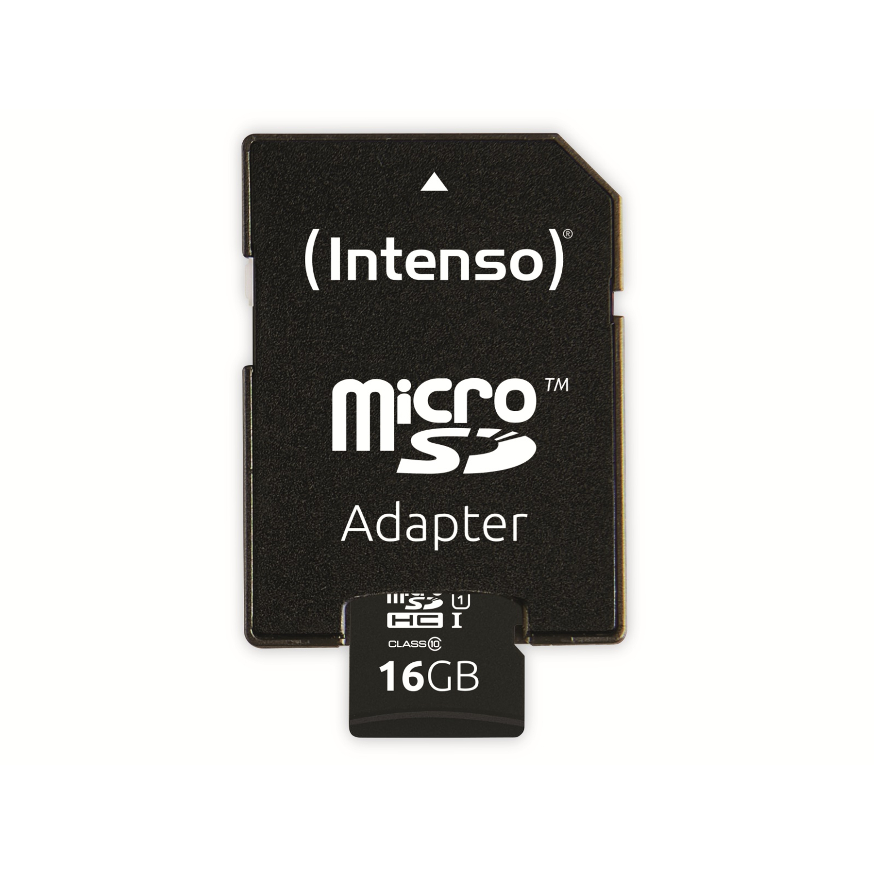 Schwarzer Micro-SD-Adapter mit eingelegter 16GB Micro-SD-Karte, vor weißem Hintergrund.
