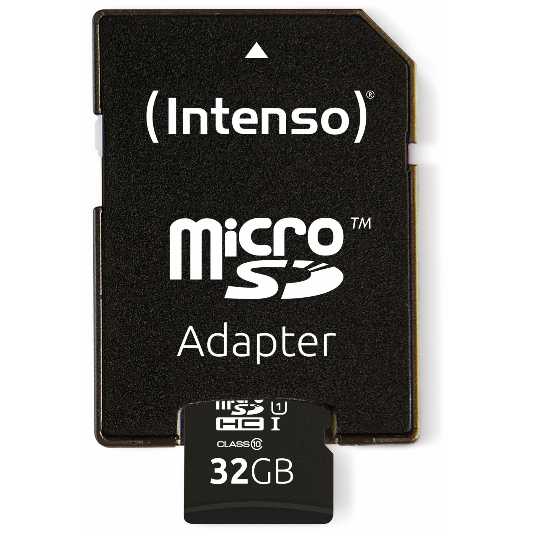 Schwarzer Micro-SD-Adapter mit eingelegter 32GB Micro-SD-Karte. Der Markenname (Intenso) ist deutlich sichtbar.