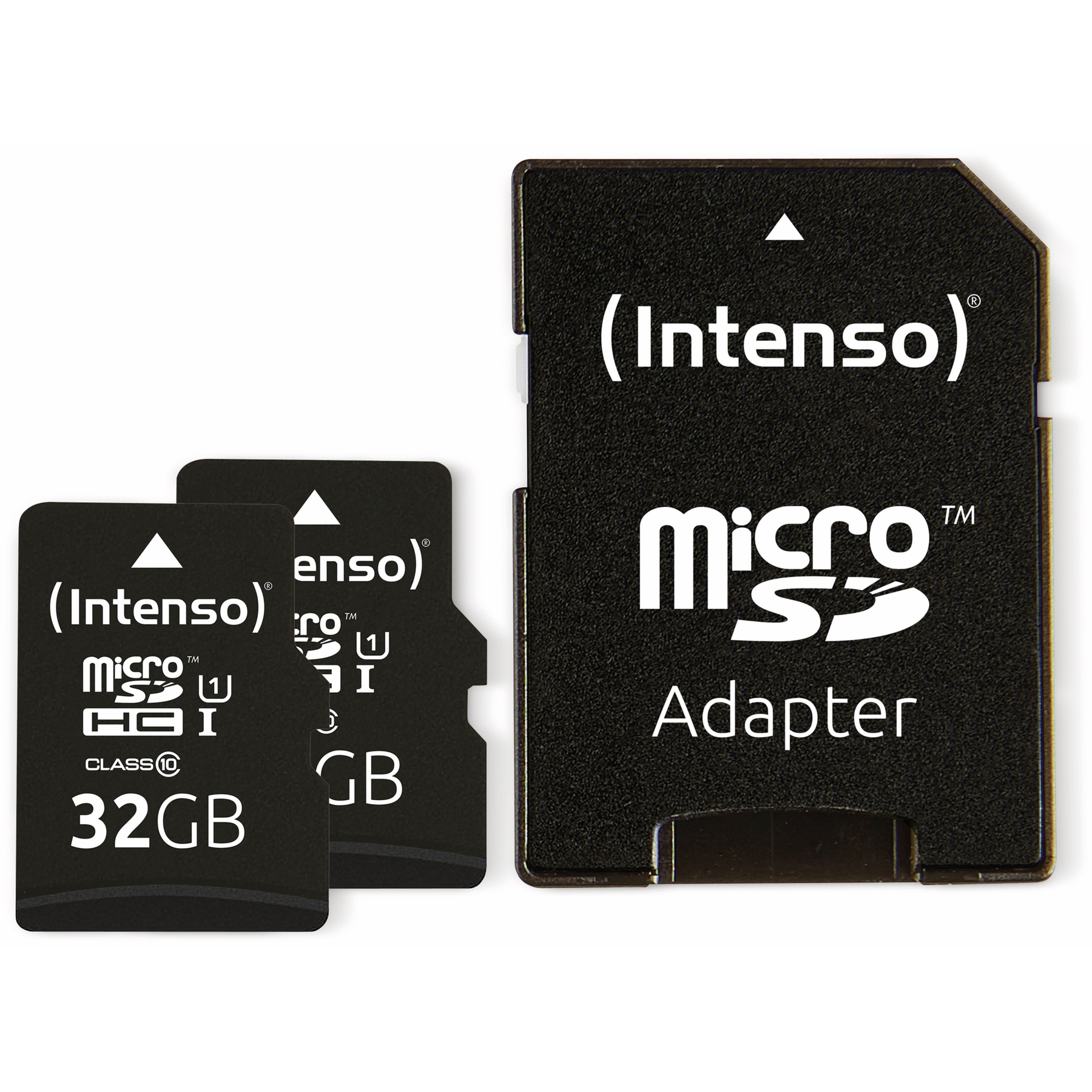Schwarze Micro-SD-Karten und ein Adapter. Die Karten sind mit „Intenso“ und „32 GB“ beschriftet.