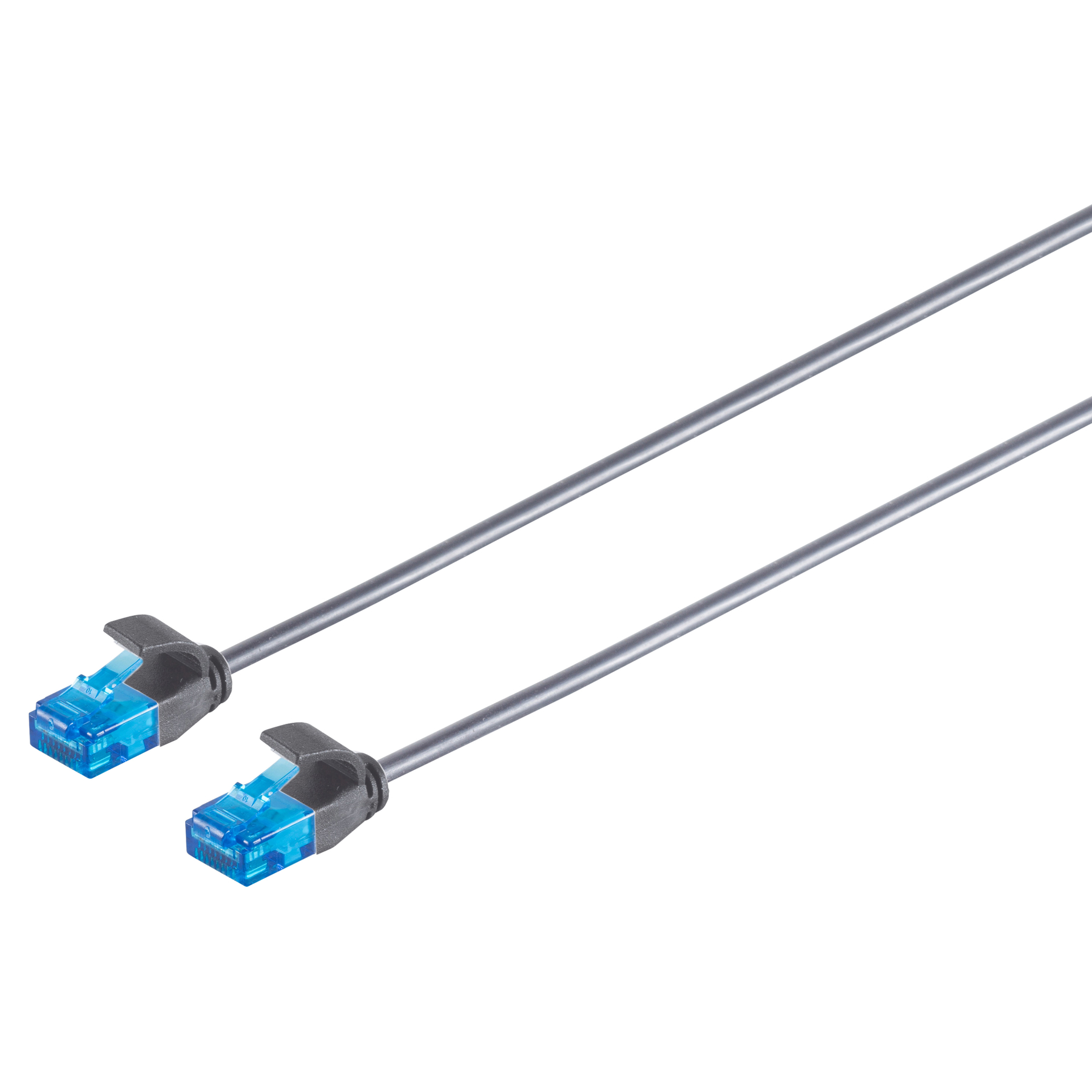 Dwa szare kable sieciowe z niebieskimi złączami.