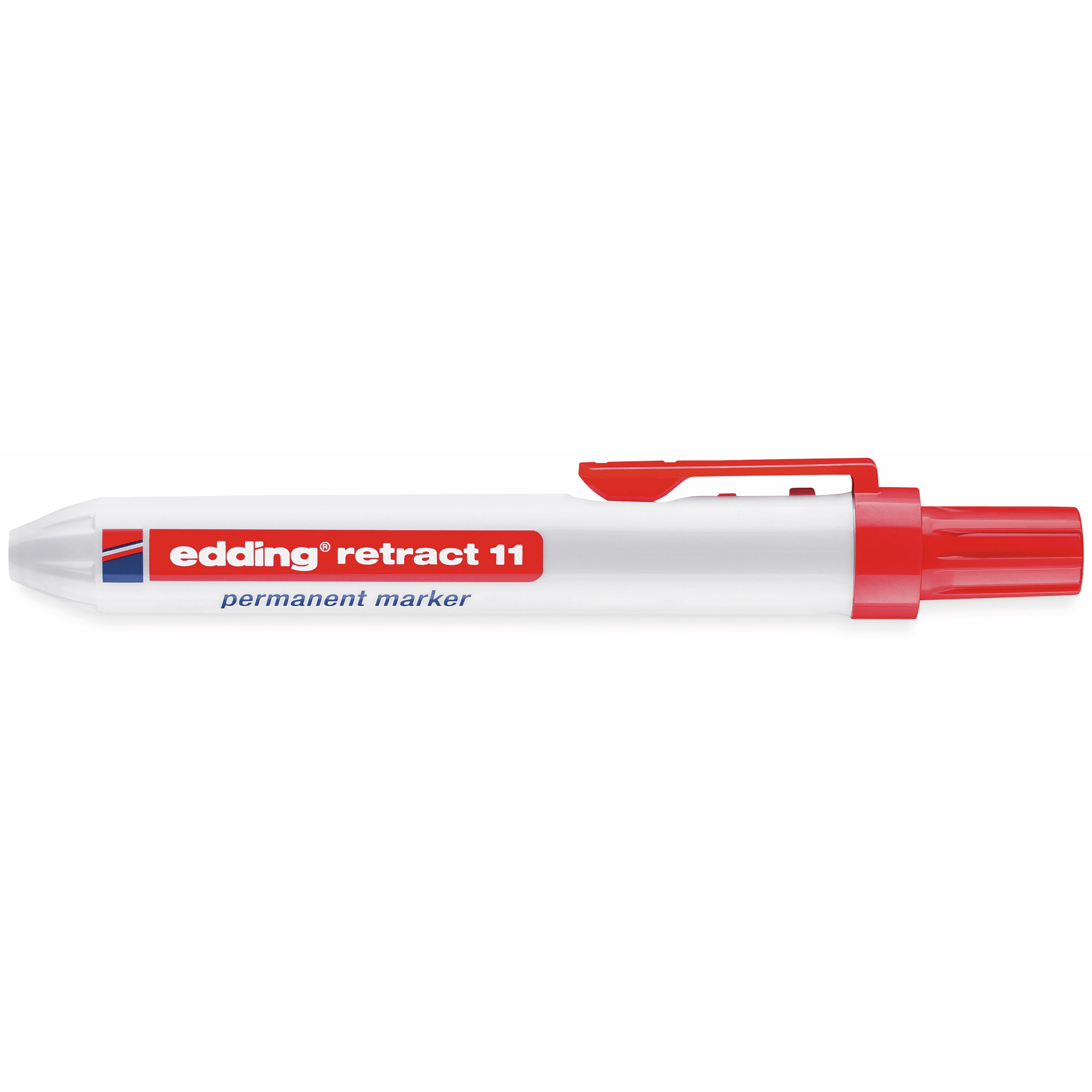 Weißer Edding retract 11 Permanentmarker mit roter Kappe und Clip.