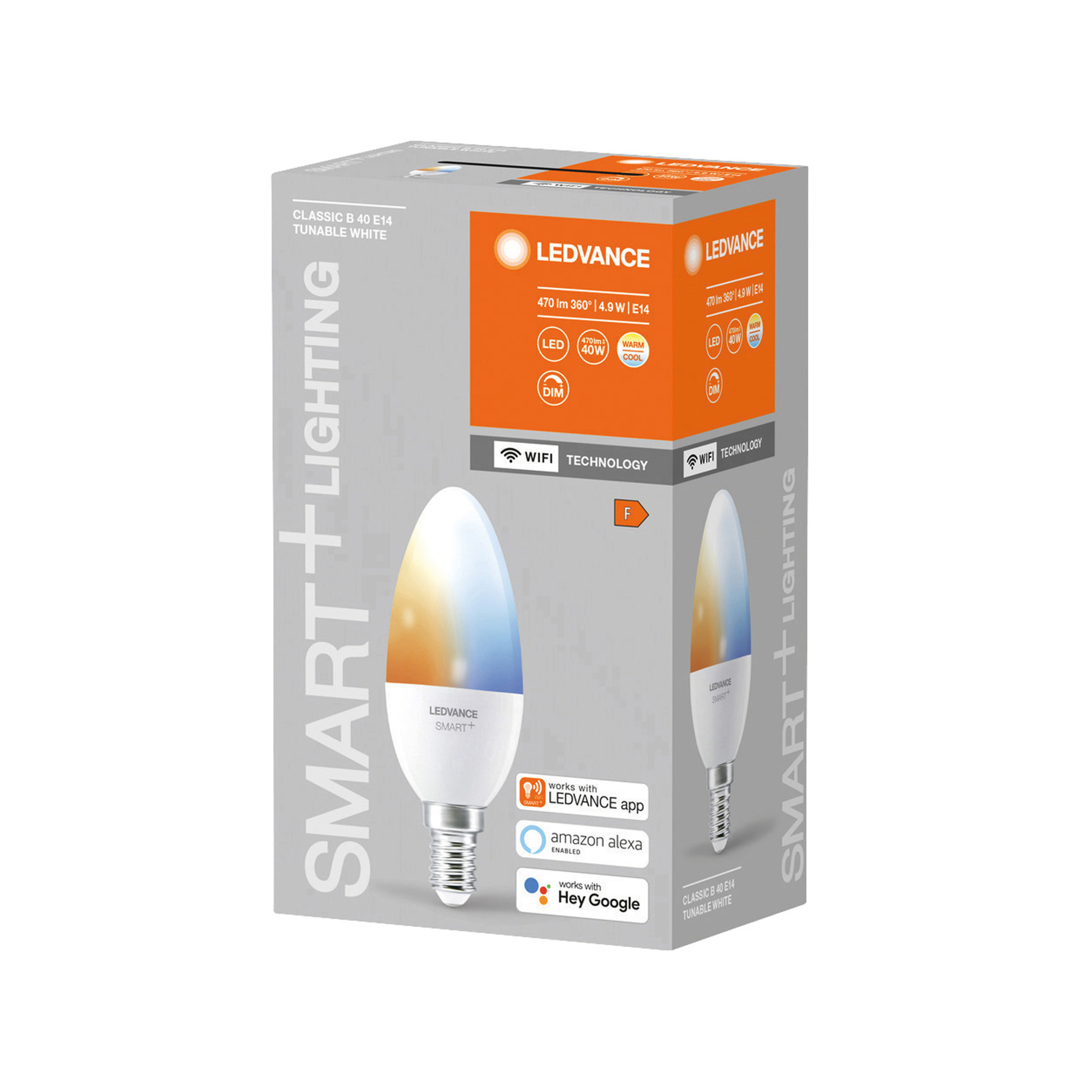 Pudełko inteligentnych żarówek LED, z żarówką i pudełkiem w ekspozycji.