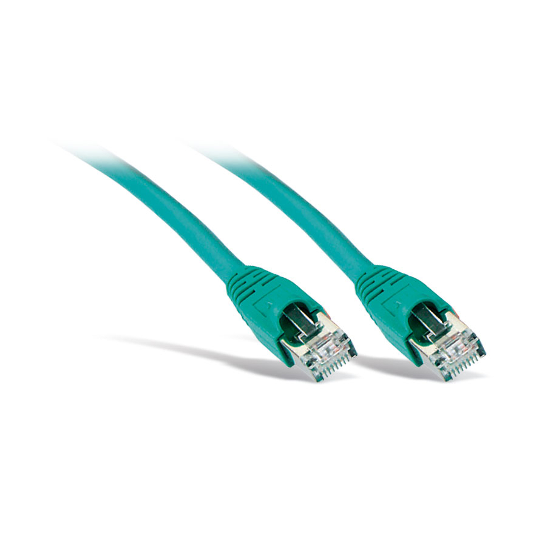 Dwa zielone kable sieciowe z zielonymi złączami, ustawione ukośnie, na białym tle.