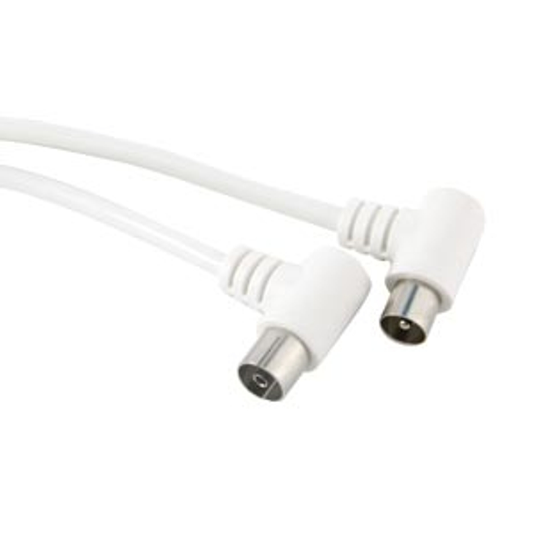Due cavi antenna TV bianchi con connettori angolati. Primo piano, sfondo bianco.