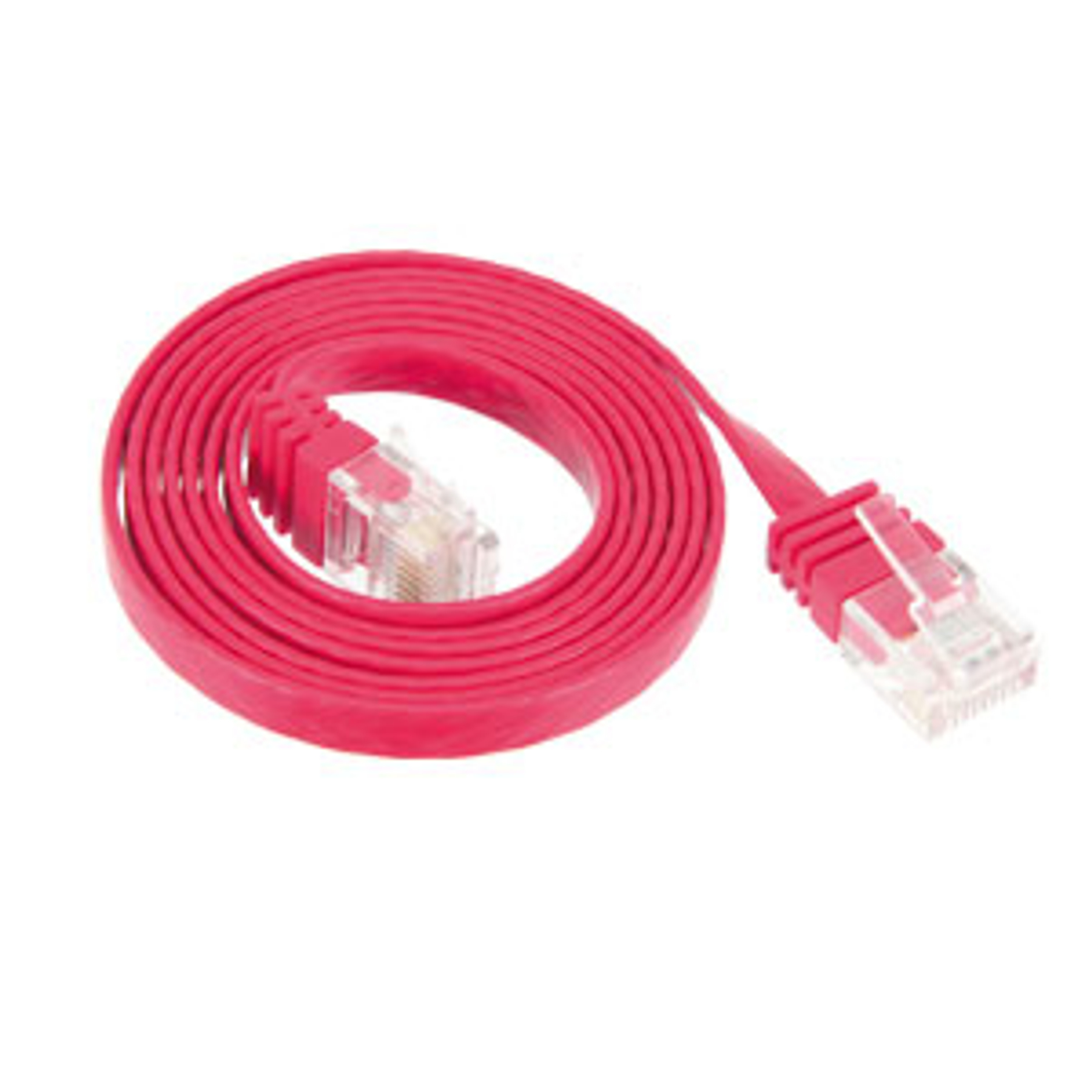 Ein rotes Netzwerkkabel aufgerollt, mit rotem Stecker am Ende, auf weißem Hintergrund.
