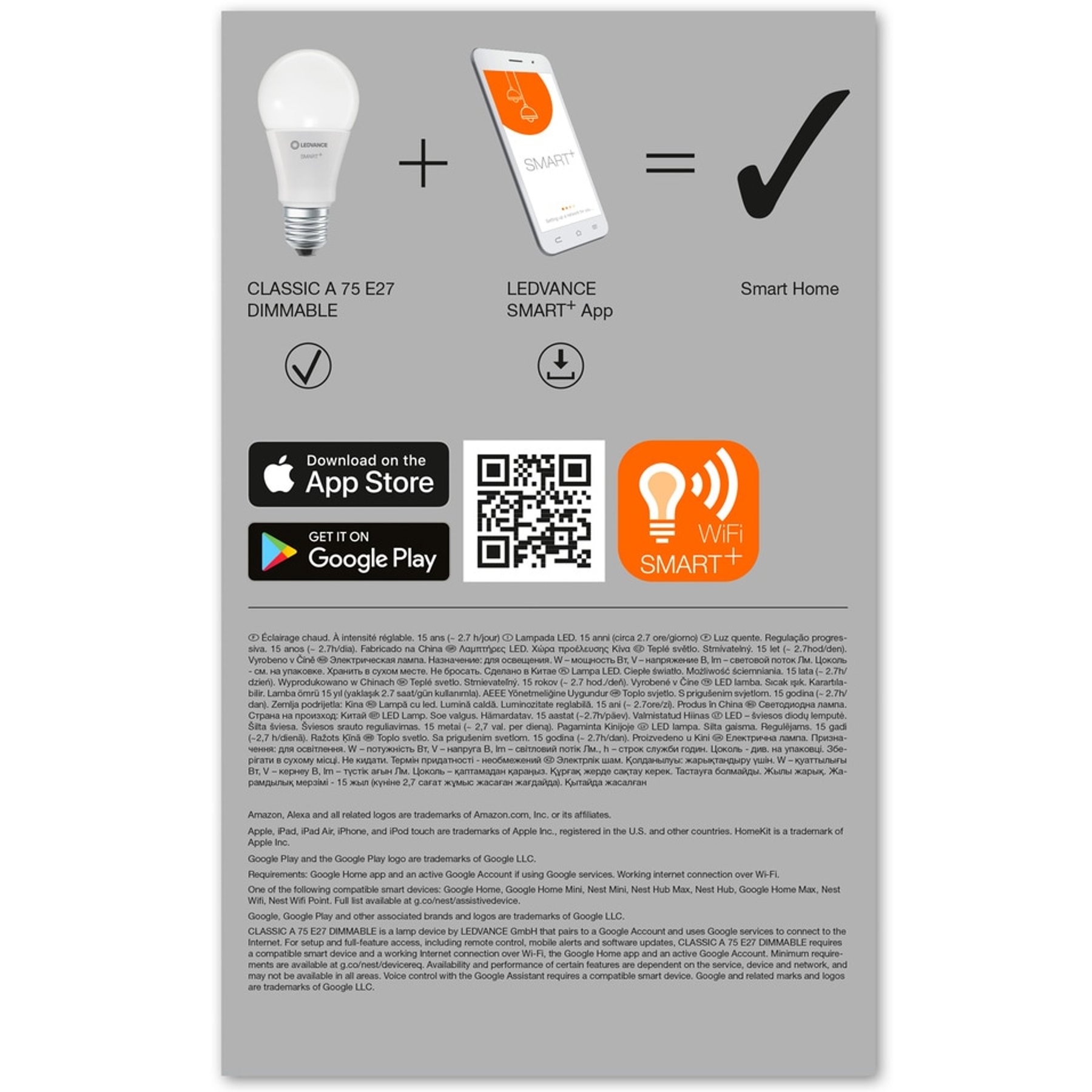 Obrazek przedstawia żarówkę, telefon i tekst 'Smart Home'. Zawiera ikony pobierania aplikacji.