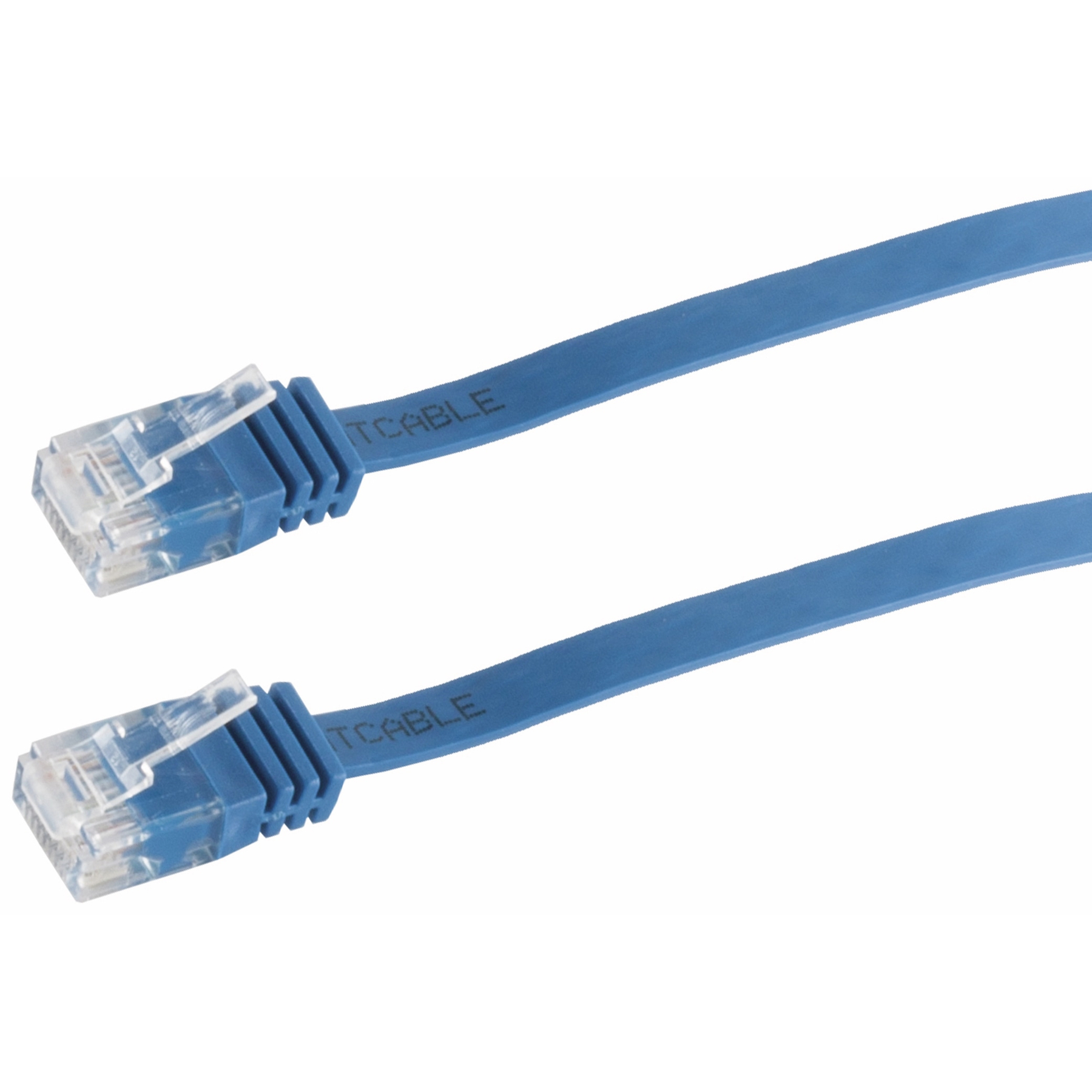 Zwei blaue Netzwerkkabel mit blauen Steckern, auf weißem Hintergrund, beschriftet TCABLE.
